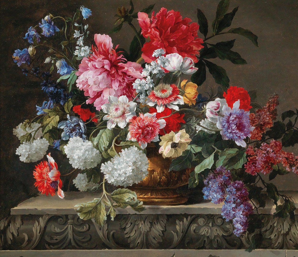 Zátiší z růží, tulipánů, sasanek a šeříku, druhá polovina 17. století. od Nicolas Baudesson