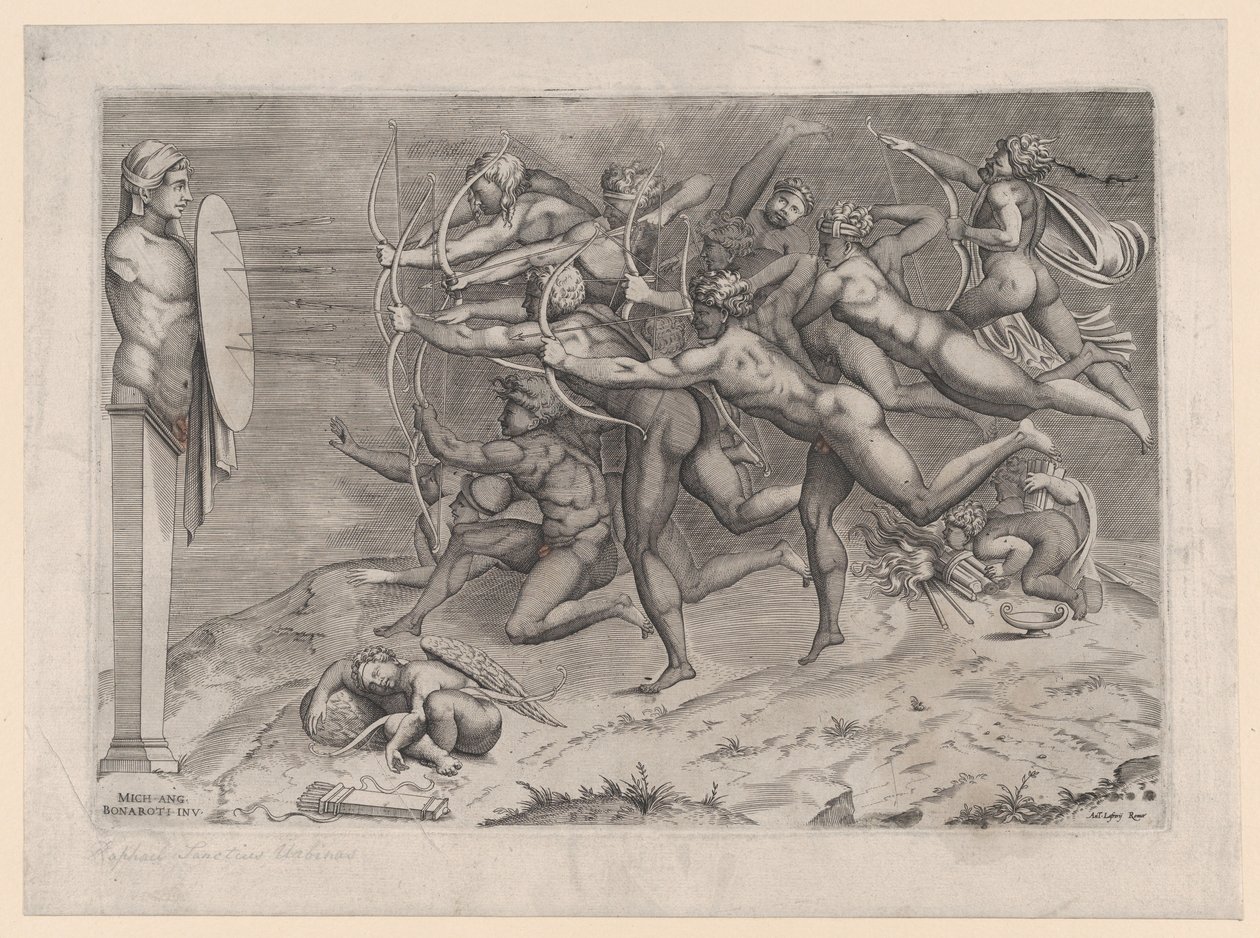 Nazí lučištníci střílející na terč připevněný k hermu, Amor spí dole, možná..., ca. 1540-60. od Nicolas Beatrizet