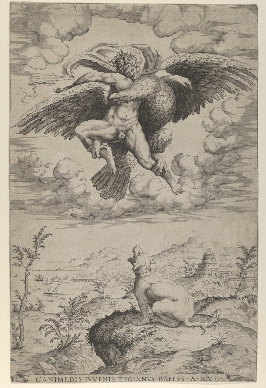 Znásilnění Ganymeda Jupiterem v masce orla, který ho nese do nebes, ahoj, 1542. od Nicolas Beatrizet