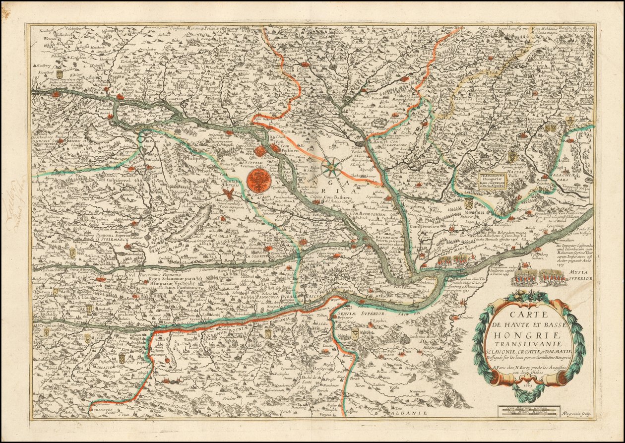 Mapa Horních a Dolních Uher, Sedmihradska, Slovinska, Chorvatska a Dalmácie z roku 1663, vydaná Nicolasem Bereyem od Nicolas Berey