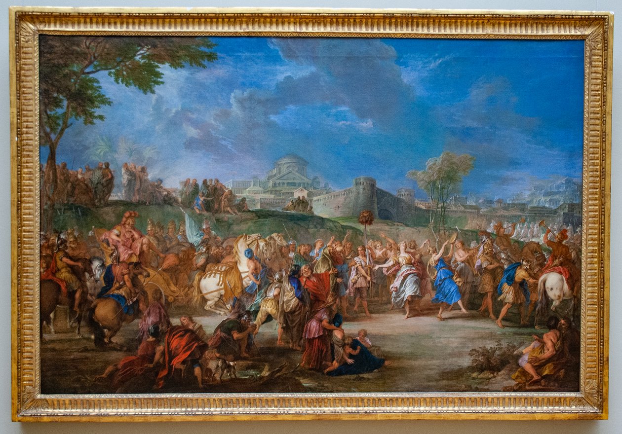 Francouzština:  Le Triomphe de David
rusky: "Davidův triumf" od Nicolas Bertin