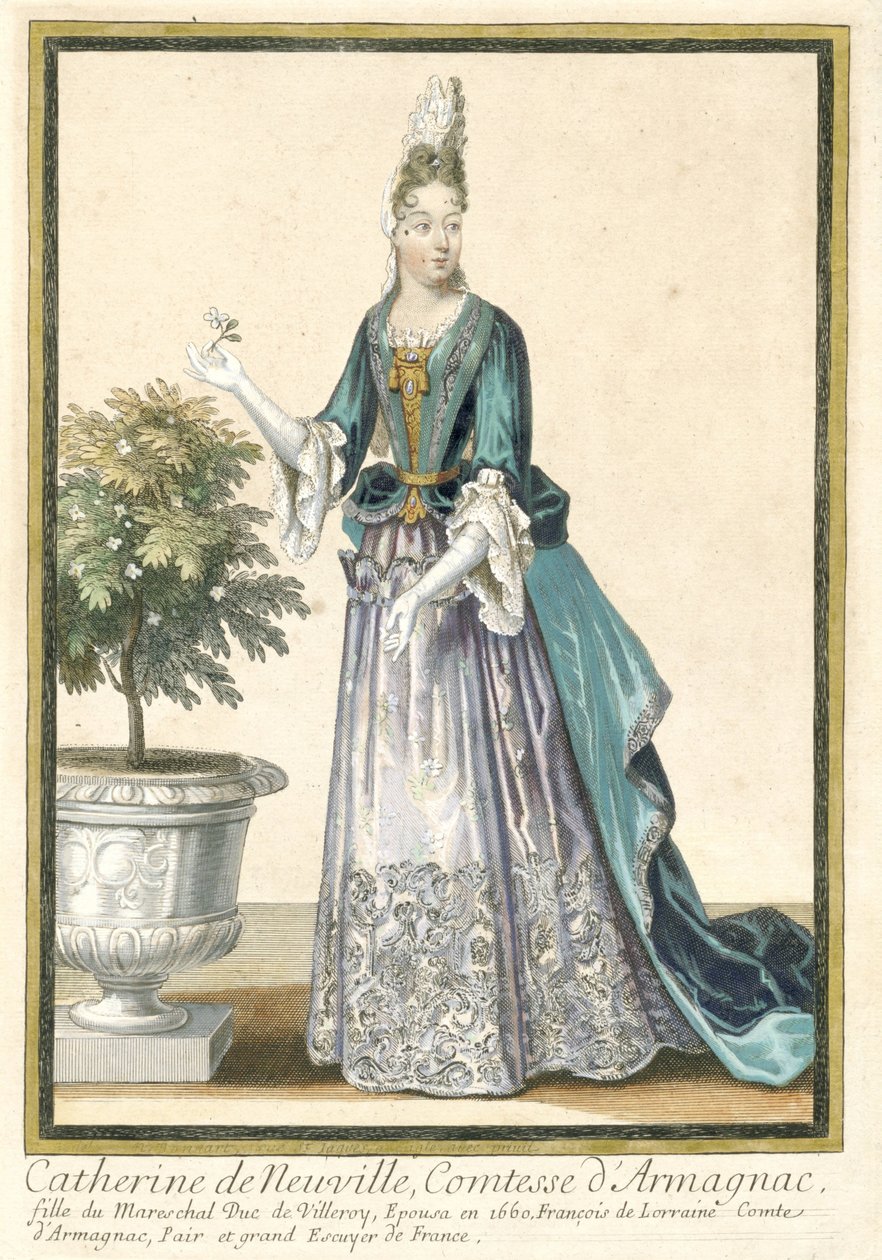 Francouzské tisky propagující francouzskou módu: Portrét Catherine de Neuville, hraběnky z Armagnac Catherine de Neuville, hraběnka z Armagnac, oblečená podle francouzské módy ca. 1685 od Nicolas Bonnart (fils)