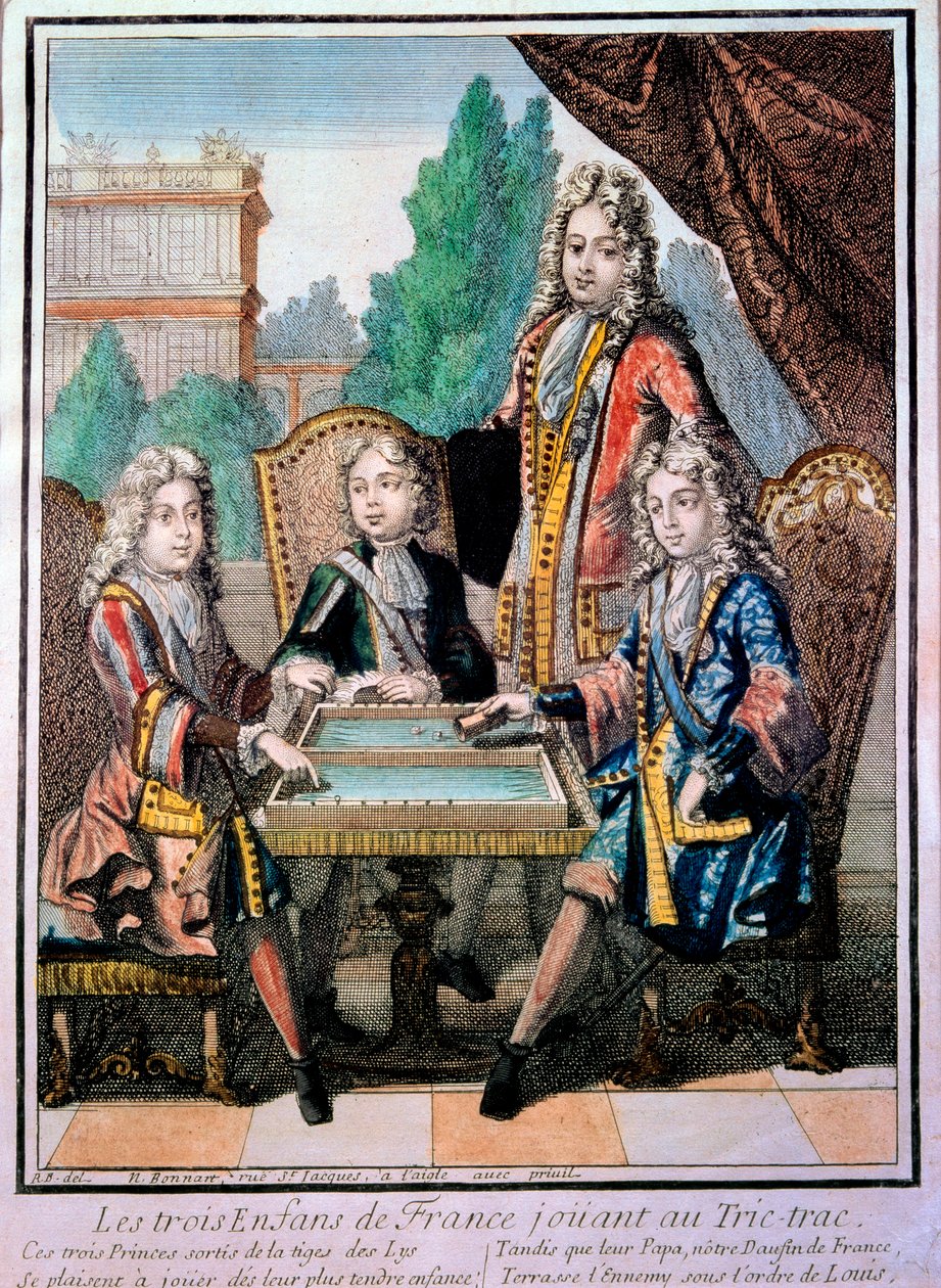 Vnuci Ludvíka XIV. (1638-1715), Ludvíka vévody Burgundského († 1712), Filipa, vévody z Anjou (1683-1746), a Charlese, vévody z Berry s jejich otcem Ludvíkem († 1711), delfínem Francie, hrající tric trac (Trictrac nebo Trictrac: předchůdce backga od Nicolas Bonnart