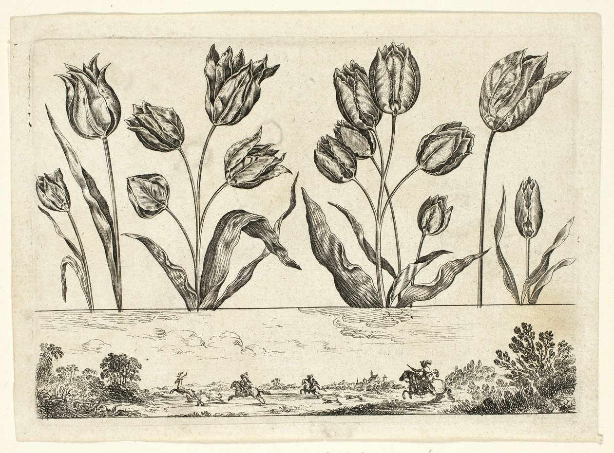 Květiny a lovecká scéna, z Livre Nouveau de Fleurs... od Nicolas Cochin