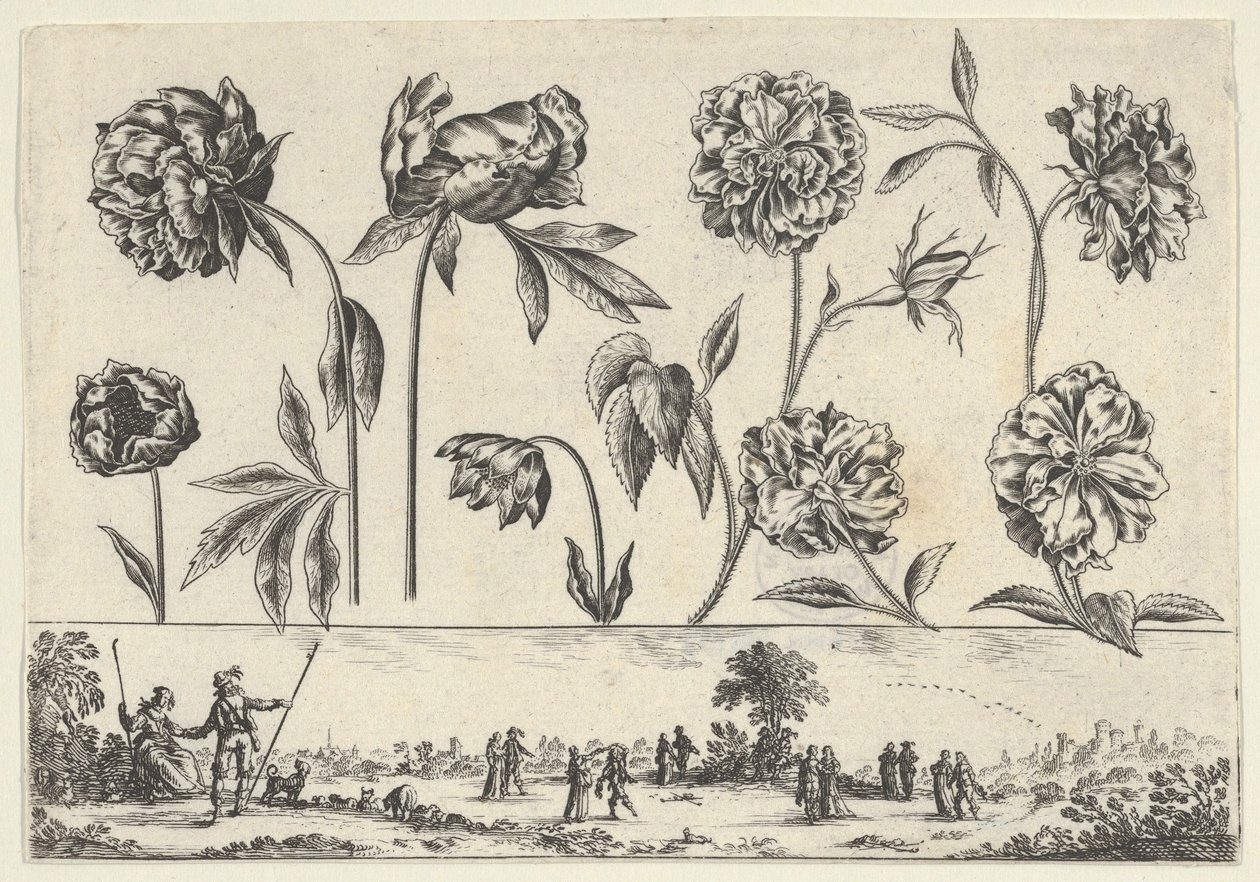 Horizontální panel s řadou květin nad vlysem s postavami v krajině, z Li..., 1645. od Nicolas Cochin