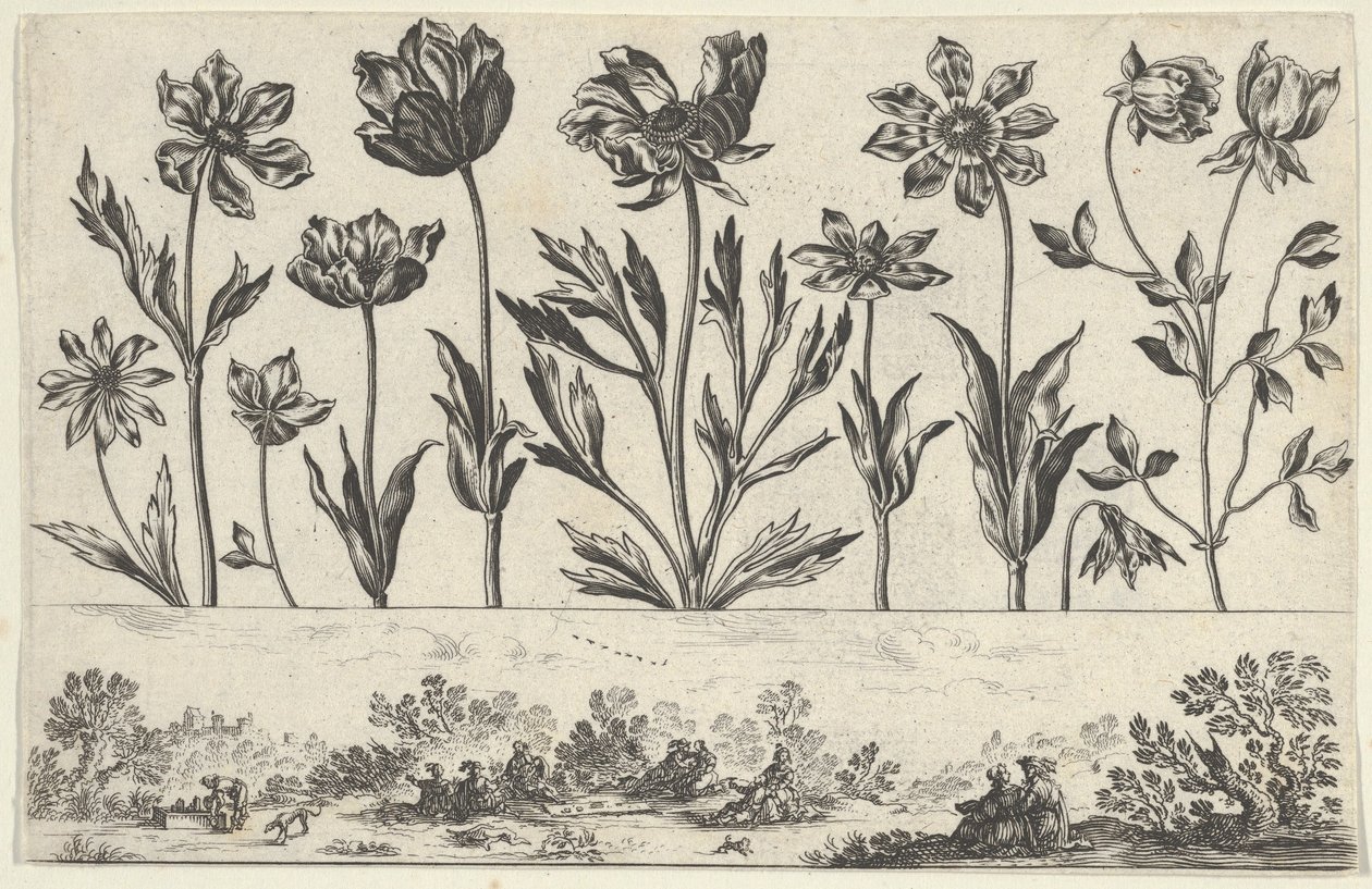 Horizontální panel s řadou květin nad vlysem s postavami v krajině, z Li..., 1645. od Nicolas Cochin