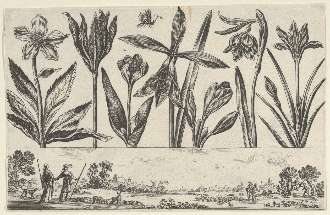 Horizontální panel s řadou květin nad vlysem s postavami v krajině, z Li..., 1645. od Nicolas Cochin