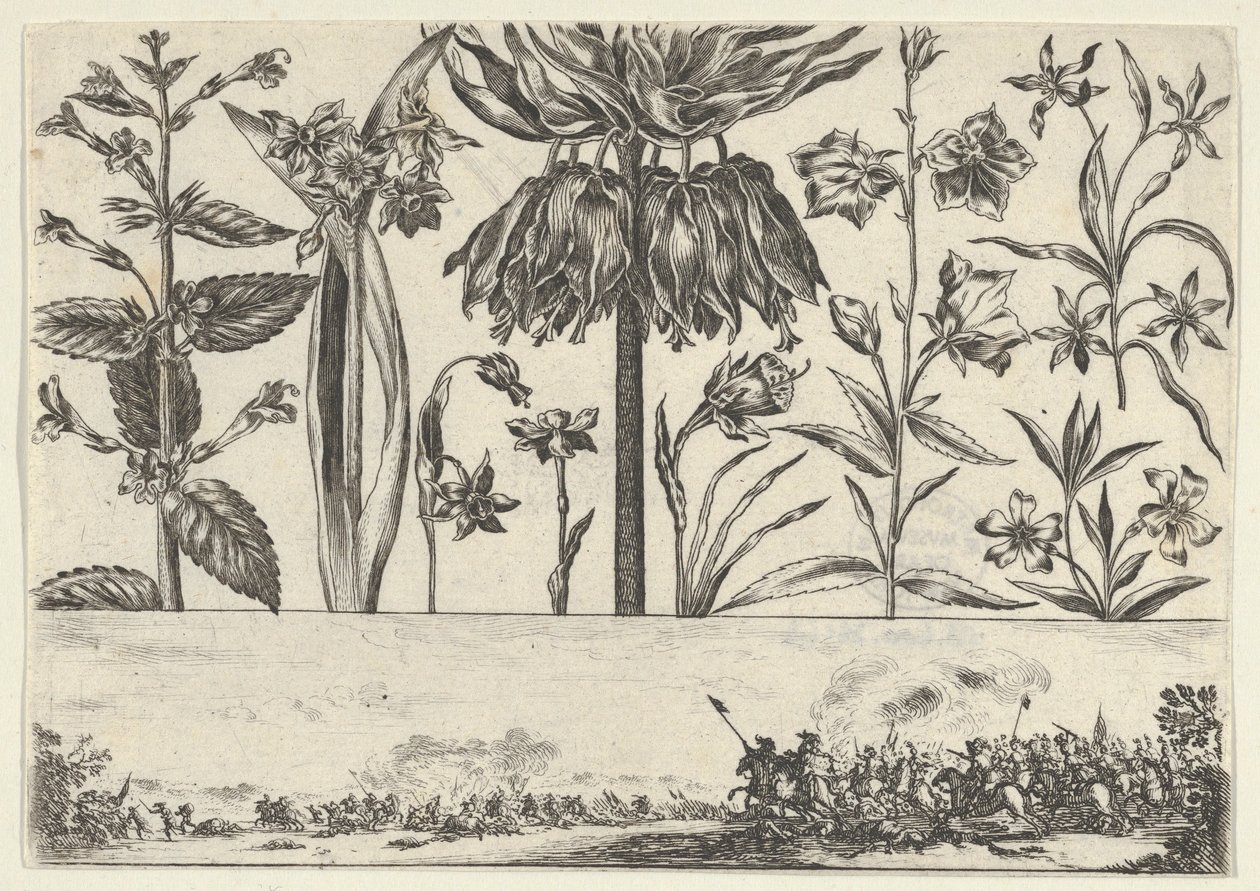 Horizontální panel s řadou květin nad vlysem s bitevní scénou v krajině, ..., 1645. od Nicolas Cochin