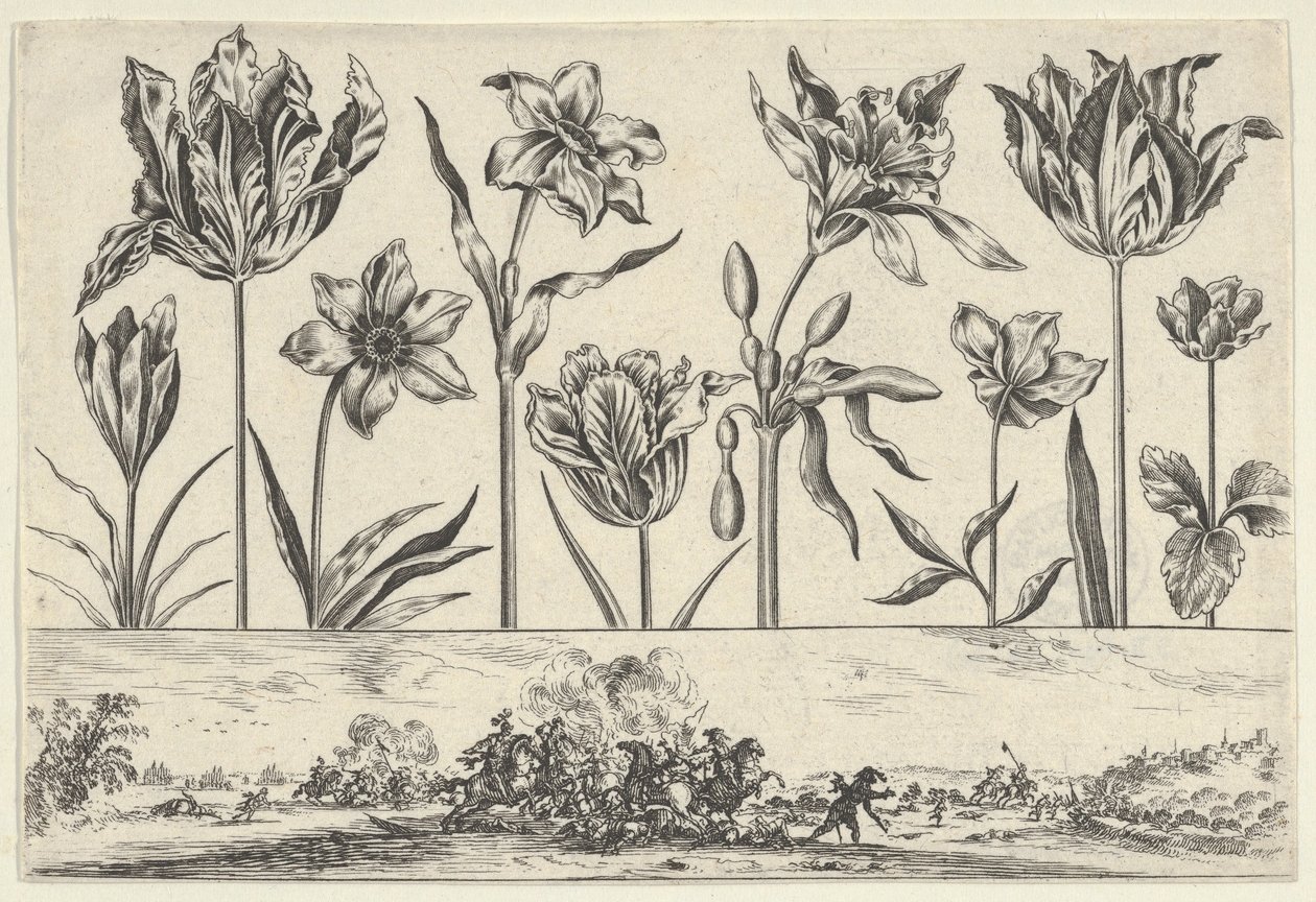 Horizontální panel s řadou květin nad vlysem s bitevní scénou v krajině, ..., 1645. od Nicolas Cochin