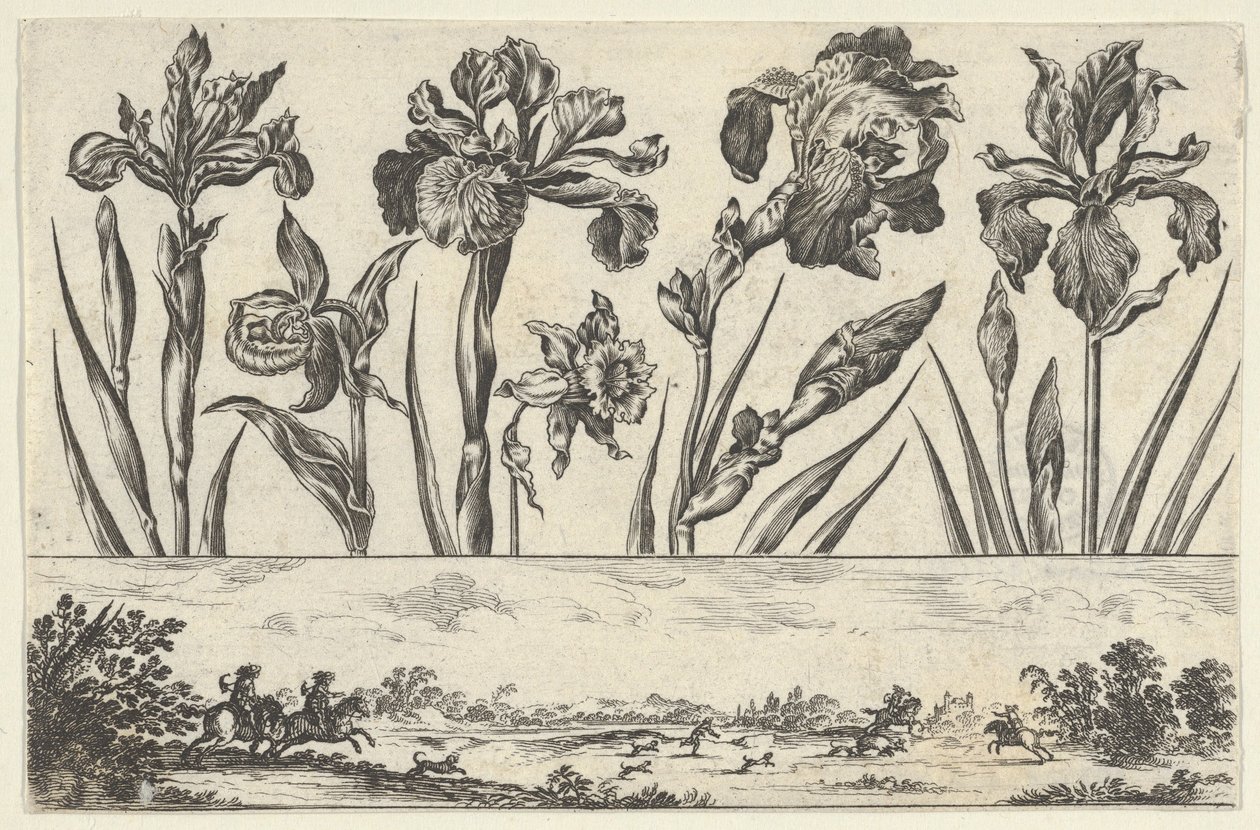 Horizontální panel s řadou květin nad vlysem s loveckou scénou v krajině,..., 1645. od Nicolas Cochin