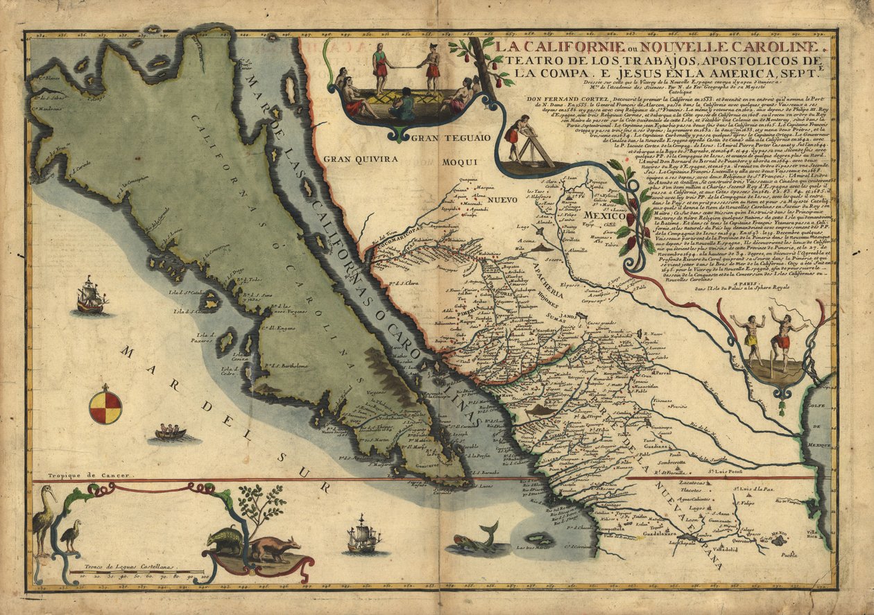 La Californie ou Nouvelle Caroline - divadlo děl, Apoštolská díla Compa. e Jesus in America Septe. LOC 96686640 od Nicolas de Fer