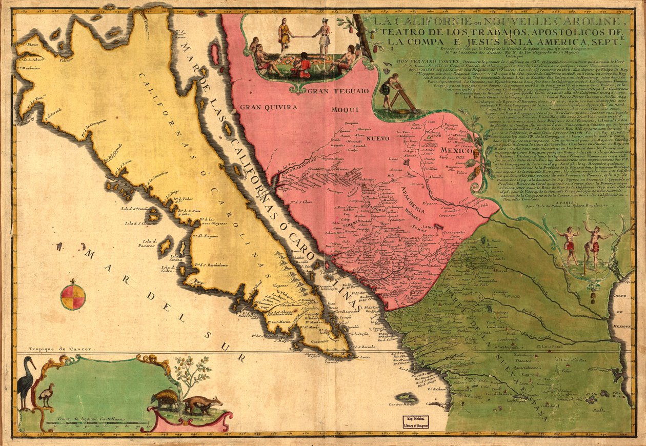 La Californie ou Nouvelle Caroline - divadlo děl, Apoštolská díla Compa. e Jesus in America Septe. LOC 98687119 od Nicolas de Fer