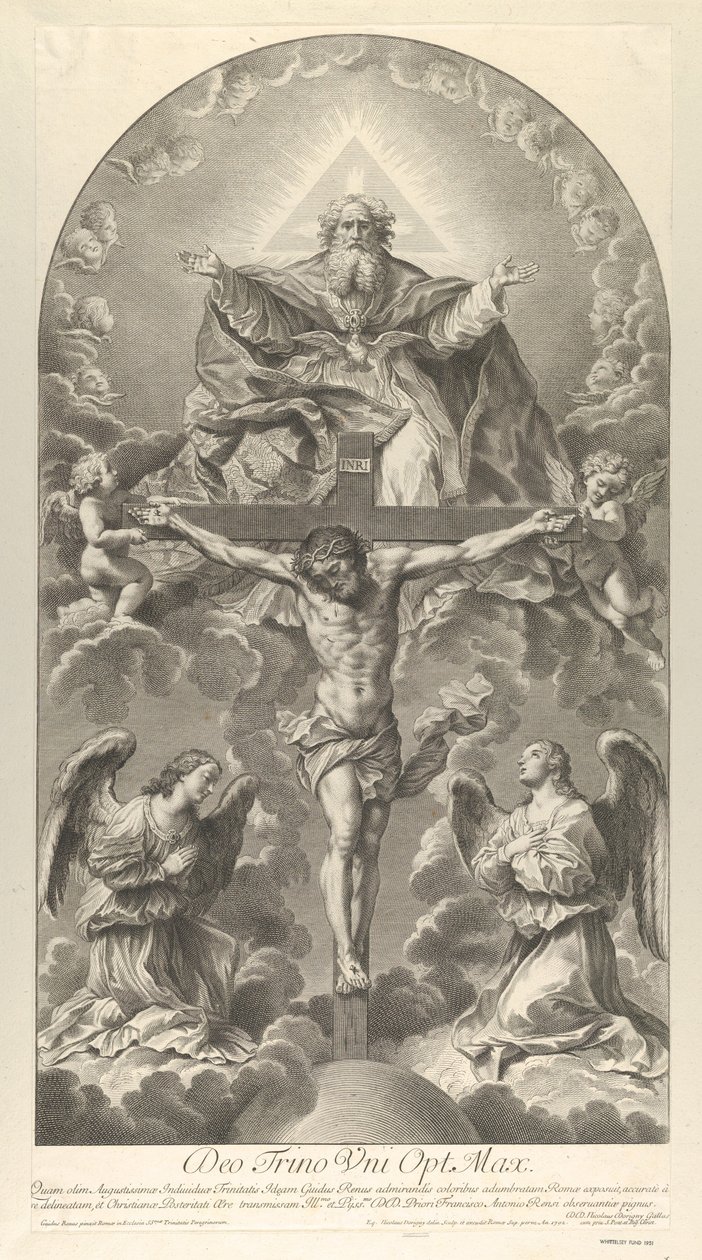 Nejsvětější Trojice, Kristus na kříži lemovaný dvěma anděly, Duch svatý jako holubice a..., 1702. od Nicolas Dorigny