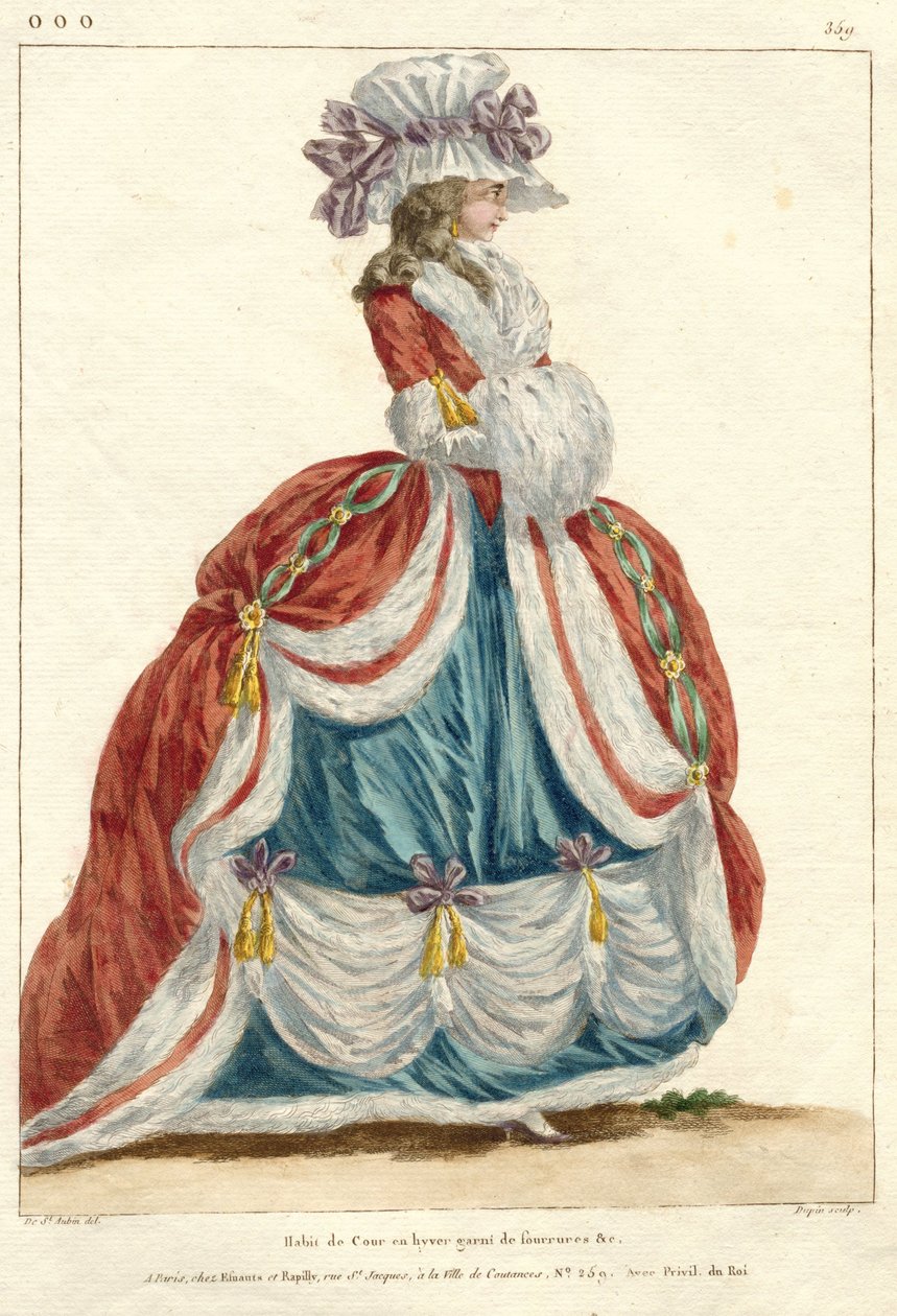 Marie Antoinetta: Královna módy: Galerie francouzské módy a kostýmů Gallerie des Modes et Costumes Francais, 1787, ooo.359, Dvorní šaty v zimě (název na objektu) od Nicolas Dupin
