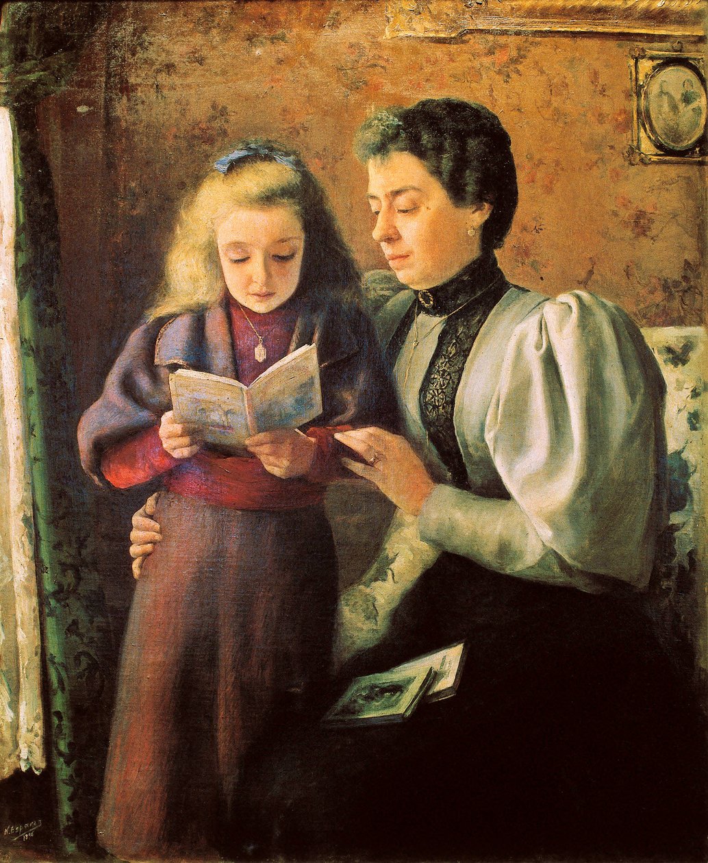 ""Nápověda pro čtení"" Detail. Obraz Nicolase Esparzy Pereze (1873-1928). prosince 1880 v Pamploně. Muzeum Navarra. od Nicolas Esparza y Perez