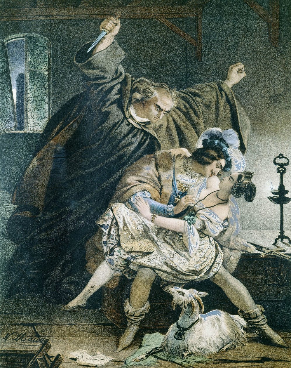 Esmeralda, Phoebus a claude Frollo (Notre Dame de Paris) od Victora Huga. Ilustrace Nicolas Eustache Maurin 1799-1850 Soukromá sbírka. od Nicolas Eustache Maurin