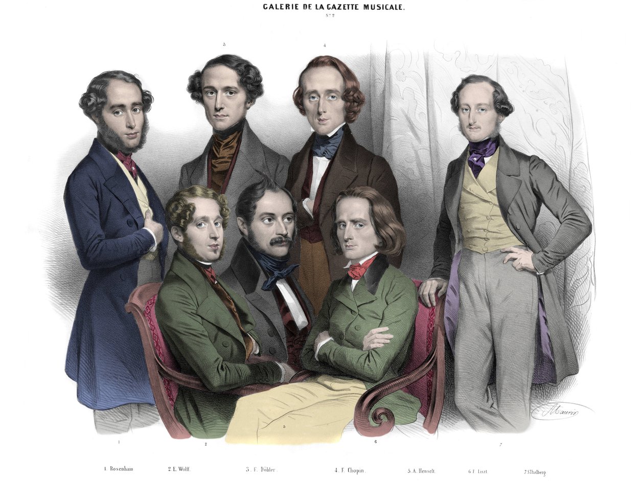 Galerie de la Gazette musicale N. 2. Slavnosti roku 1842: Frederic Chopin (1810-1849) Franz Liszt (1811-1886), Jacob (Jakob, Jacques) Rosenhain, Edouard Wolff, Sigismund Thalberg, Adolf von Henselt, Theodor (Theodorelt) Dohler (1814-1856). Rytina od Nicola od Nicolas Eustache Maurin