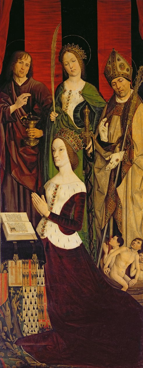 Triptych Mojžíš a hořící keř, pravý panel zobrazující Jeanne de Laval († 1498) se sv. Janem, svatou Kateřinou a sv. Mikulášem, kolem 1476 (viz také 26542, 173010 a 232840) od Nicolas Froment
