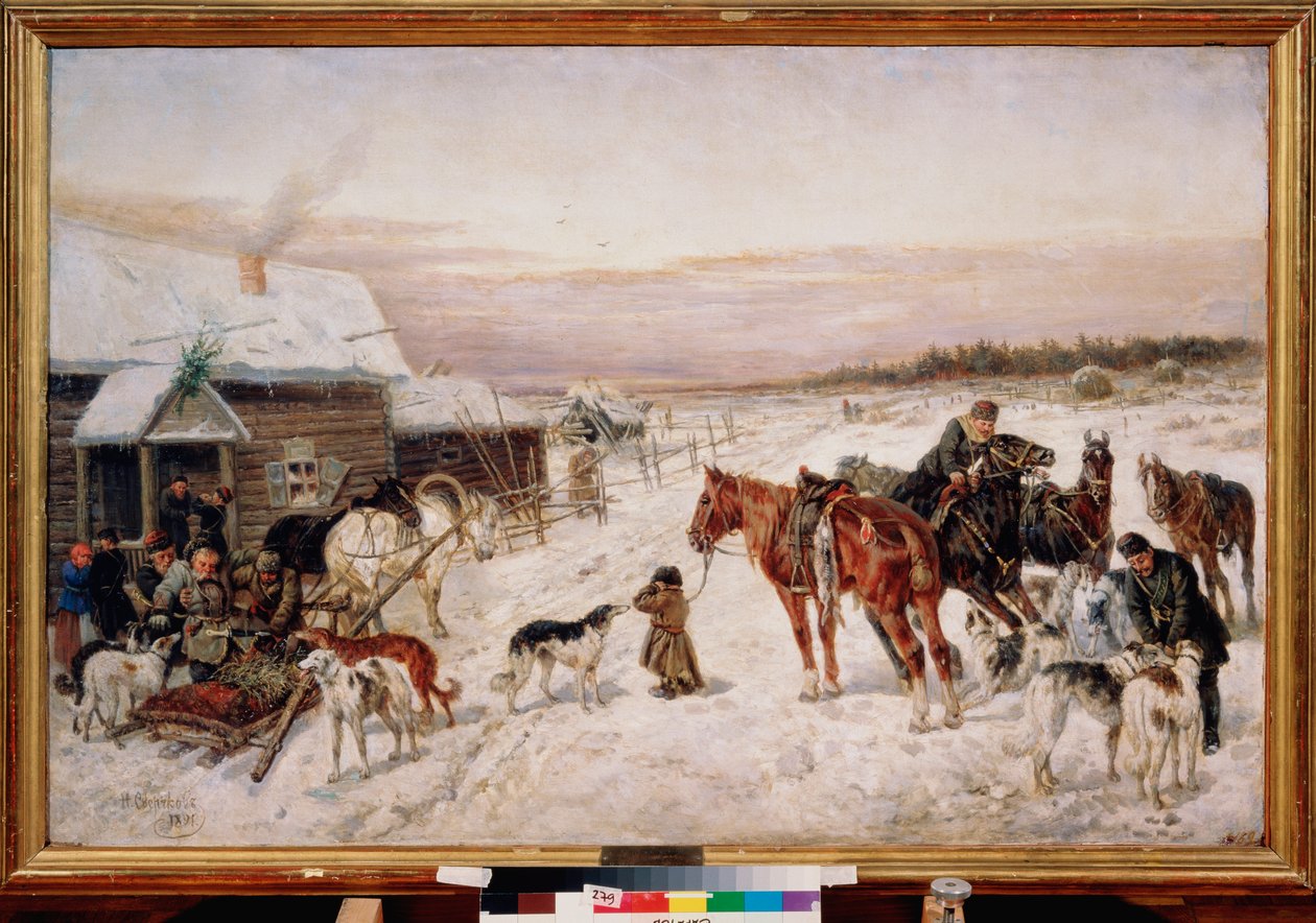 Před hospodou v zimě - Obraz Nikolaje Jegoroviče Sverčkova (Nicolas Swertschkoff) (1817-1898), olej na plátně od Nicolas Gregorovitch Svertschkoff