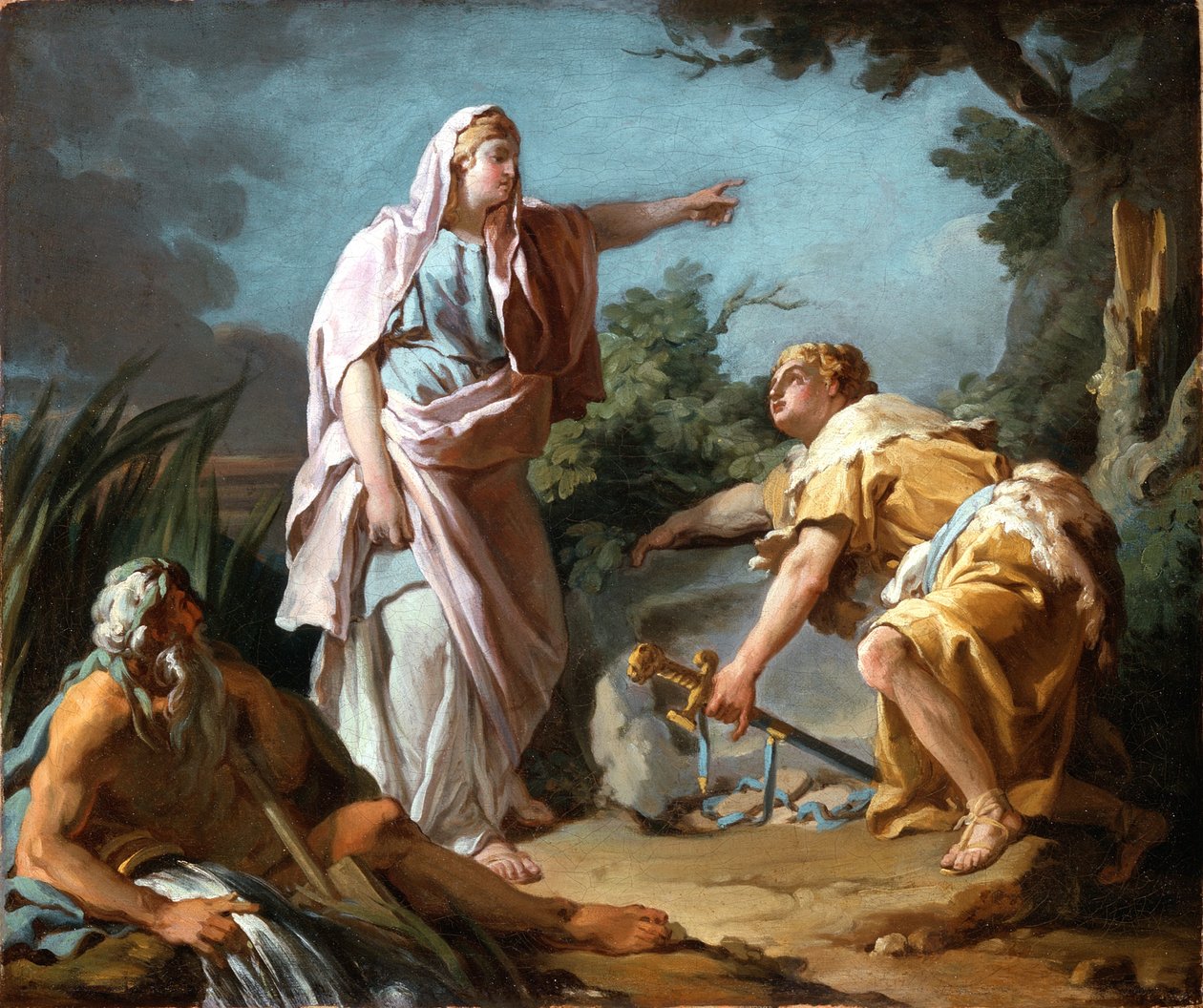 Aethra ukazuje svému synovi Théseovi místo, kde jeho otec skrýval paže, 1768 od Nicolas Guy Brenet
