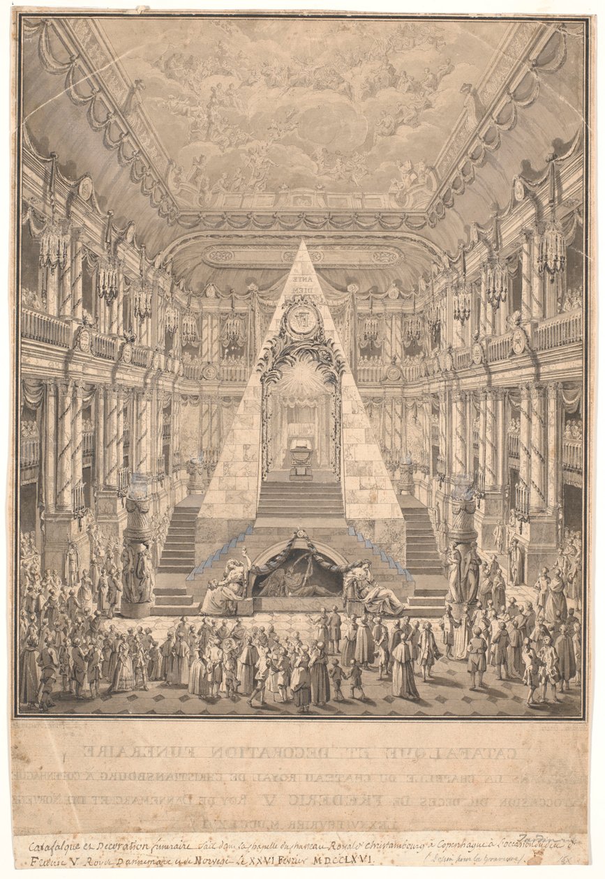 Zámecká kaple Christiansborg s katafalkem Frederika V od Nicolas Henri Jardin