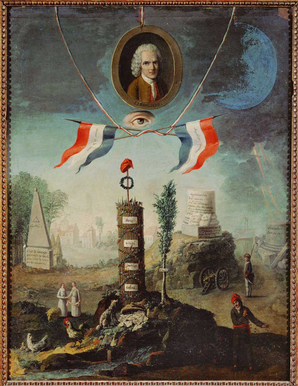 Alegorie Francouzské revoluce s portrétem Jeana-Jacquese Rousseaua a jakobínskou frygickou čepicí... od Nicolas Henri Jeaurat de Bertry