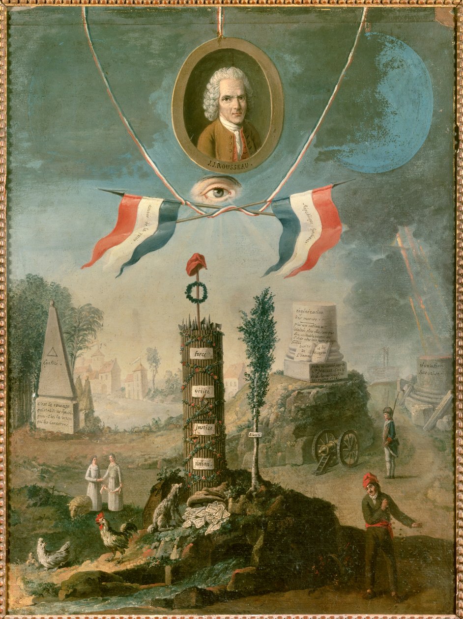 Revoluční alegorie: Portrét Jeana Jacquese Rousseaua, švýcarského filozofa (1712-1778), se symboly revoluce. Obraz Nicolase Henriho Jeaurata De Bertryho (1728- asi 1796) od Nicolas Henri Jeaurat de Bertry