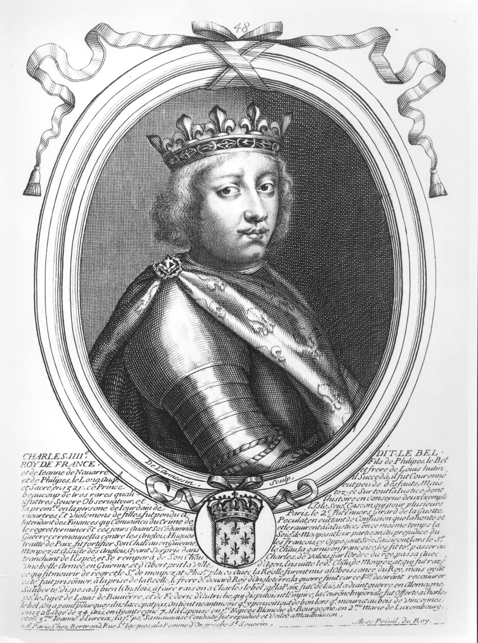 Karel IV. (1294-1328) Spravedlivý, král Francie a Navarry, z knihy "Les Augustes Representations de tous les Rois de France depuis Pharamond jusqu