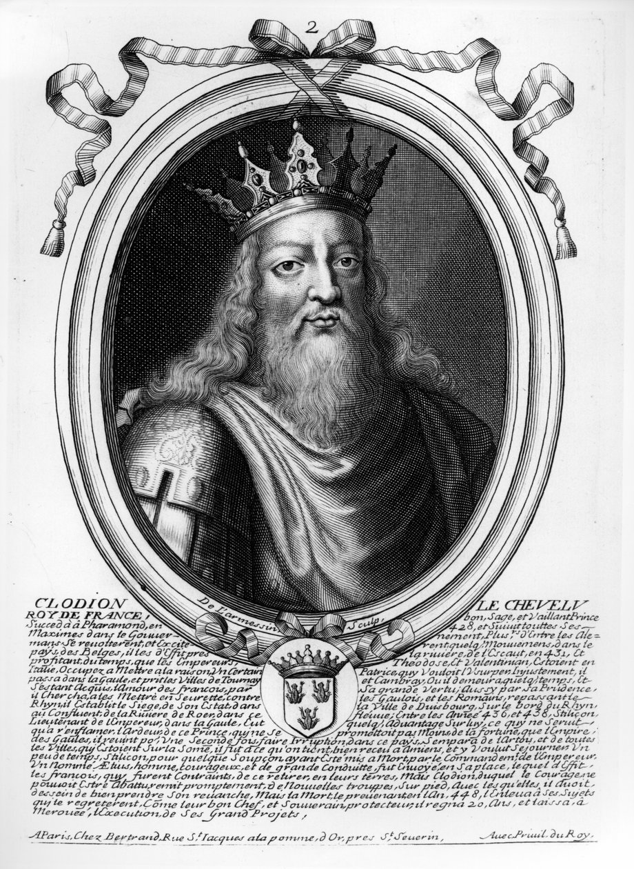 Clodion Vlasatý (asi 428-47) z knihy "Les Augustes Representations de tous les Rois de France depuis Pharamond jusqu