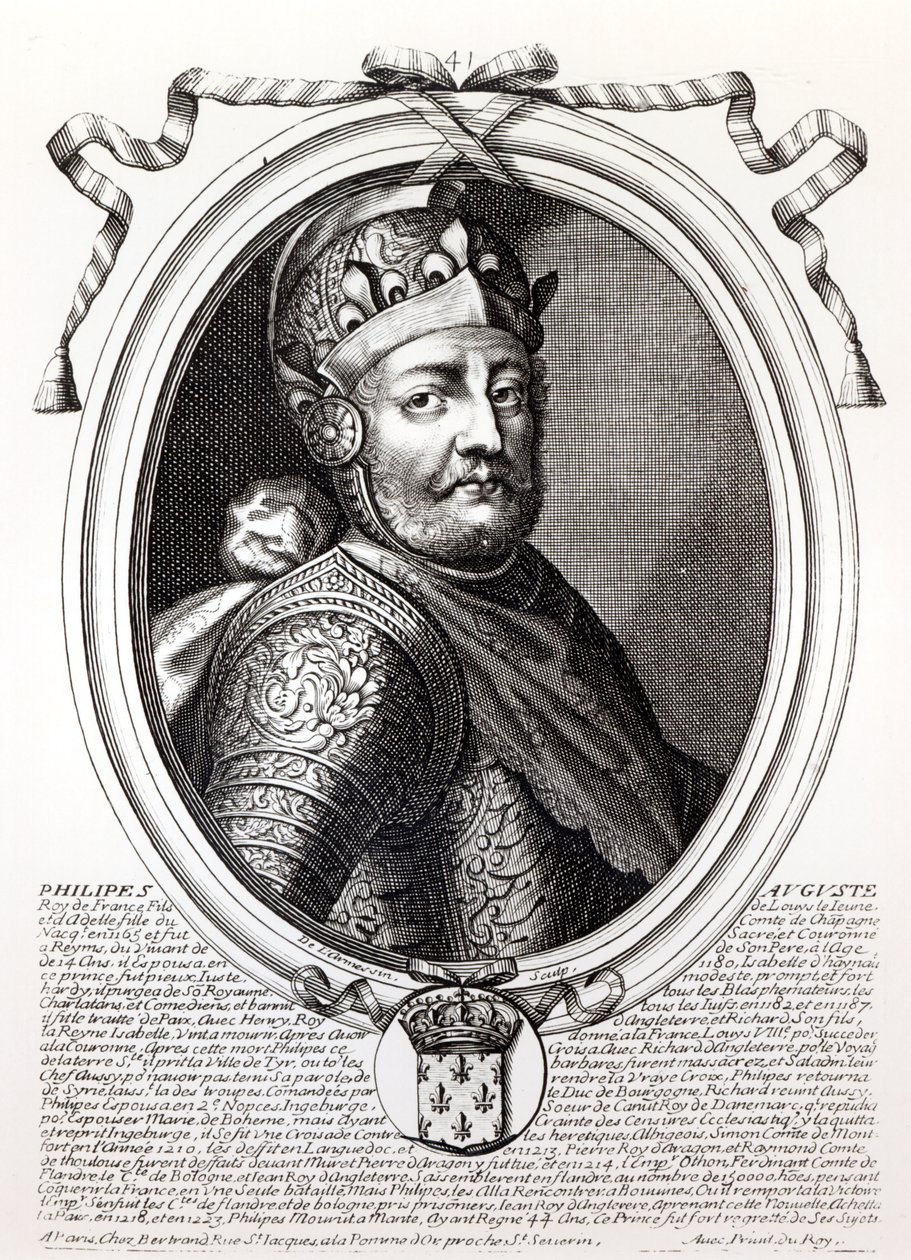 Filip August II. (1165-1223) francouzský král, od ‚Les Augustes Representations de tous les Rois de France od Pharamonda po Ludvíka XIV‘, Paříž, 1679 od Nicolas II de Larmessin