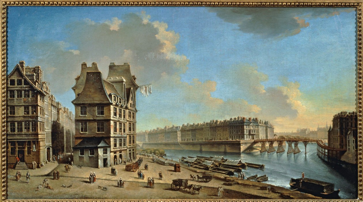 Ile Saint-Louis a Pont Rouge při pohledu z náměstí Place de Greve, Paříž (malba na plátně) od Nicolas & Jean Baptiste (1715-93) Raguenet
