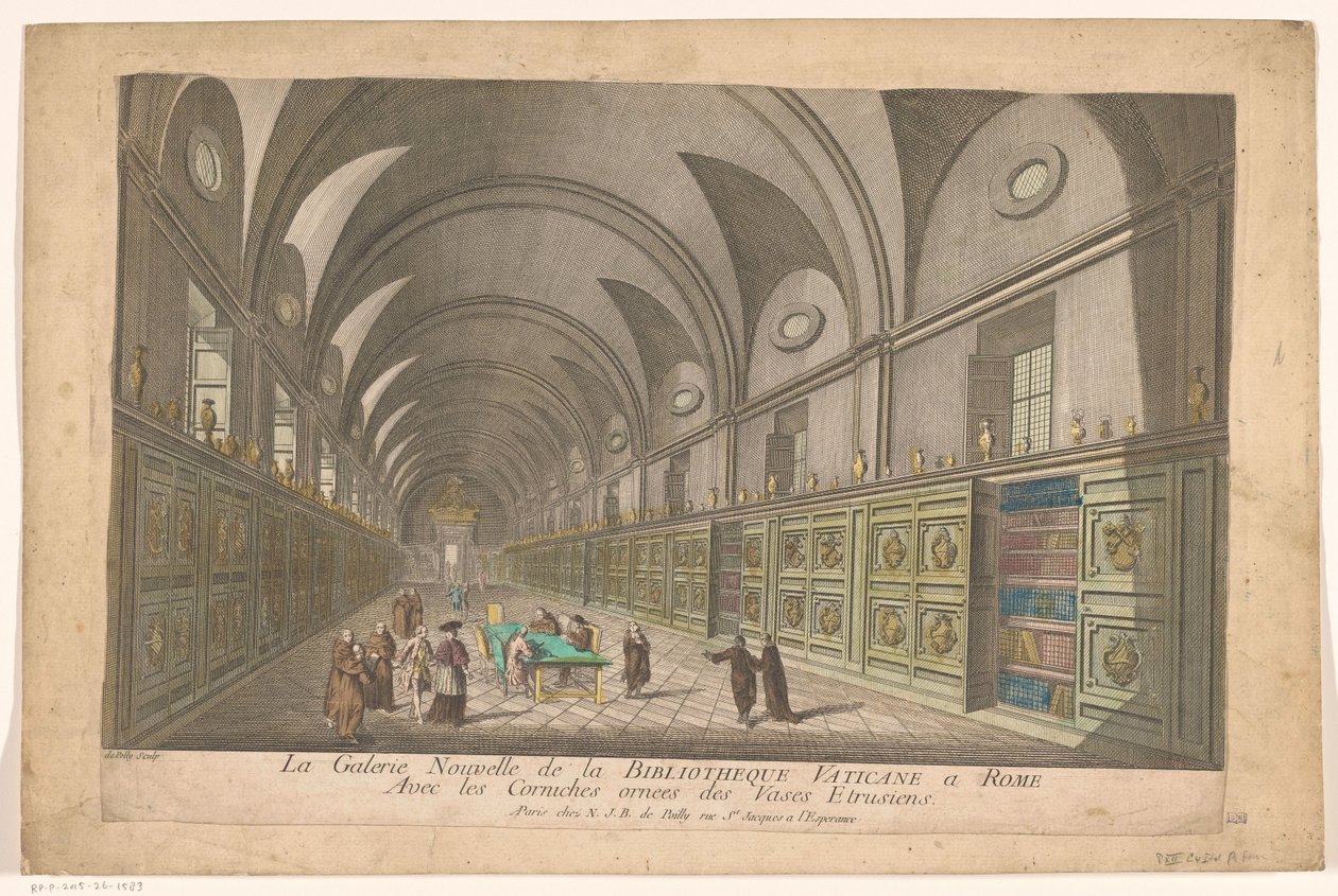 Galerie ve Vatikánské knihovně Nová galerie Vatikánské knihovny v Římě s římsami zdobenými etruskými vázami (název na objektu) od Nicolas Jean Baptiste Poilly