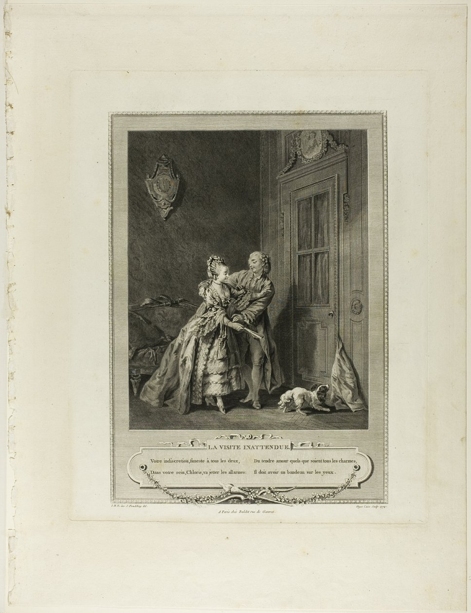 Neočekávané volání, z knihy Monument du Costume Physique et Moral de la fin du Dix-huitième siècle od Nicolas Joseph Voyez