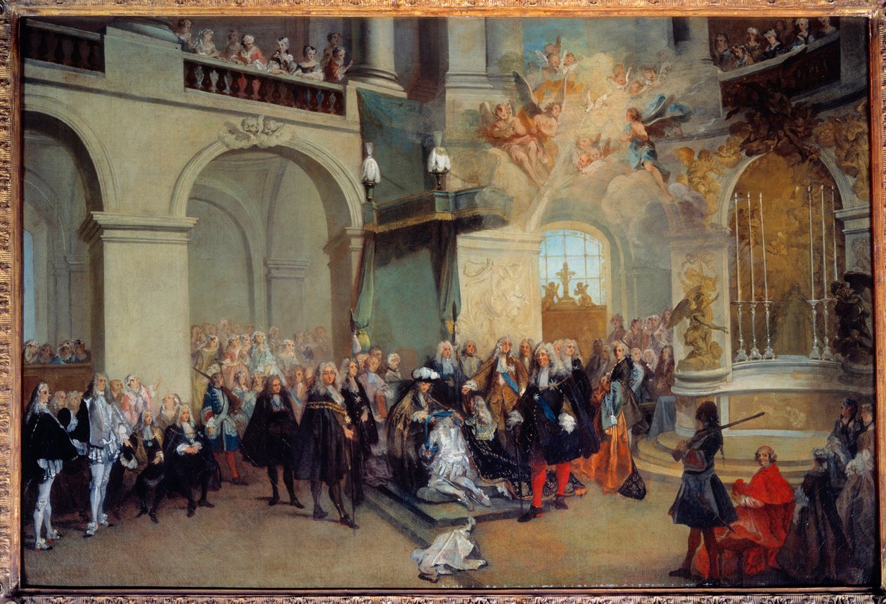 Předání Řádu Ducha svatého (Řád Svatého Ducha) v kapli ve Versailles 3. 6. 1724 Obraz Nicolase Lancreta (1690-1743) 1724 Ne. 0,56x0,81 m od Nicolas Lancret