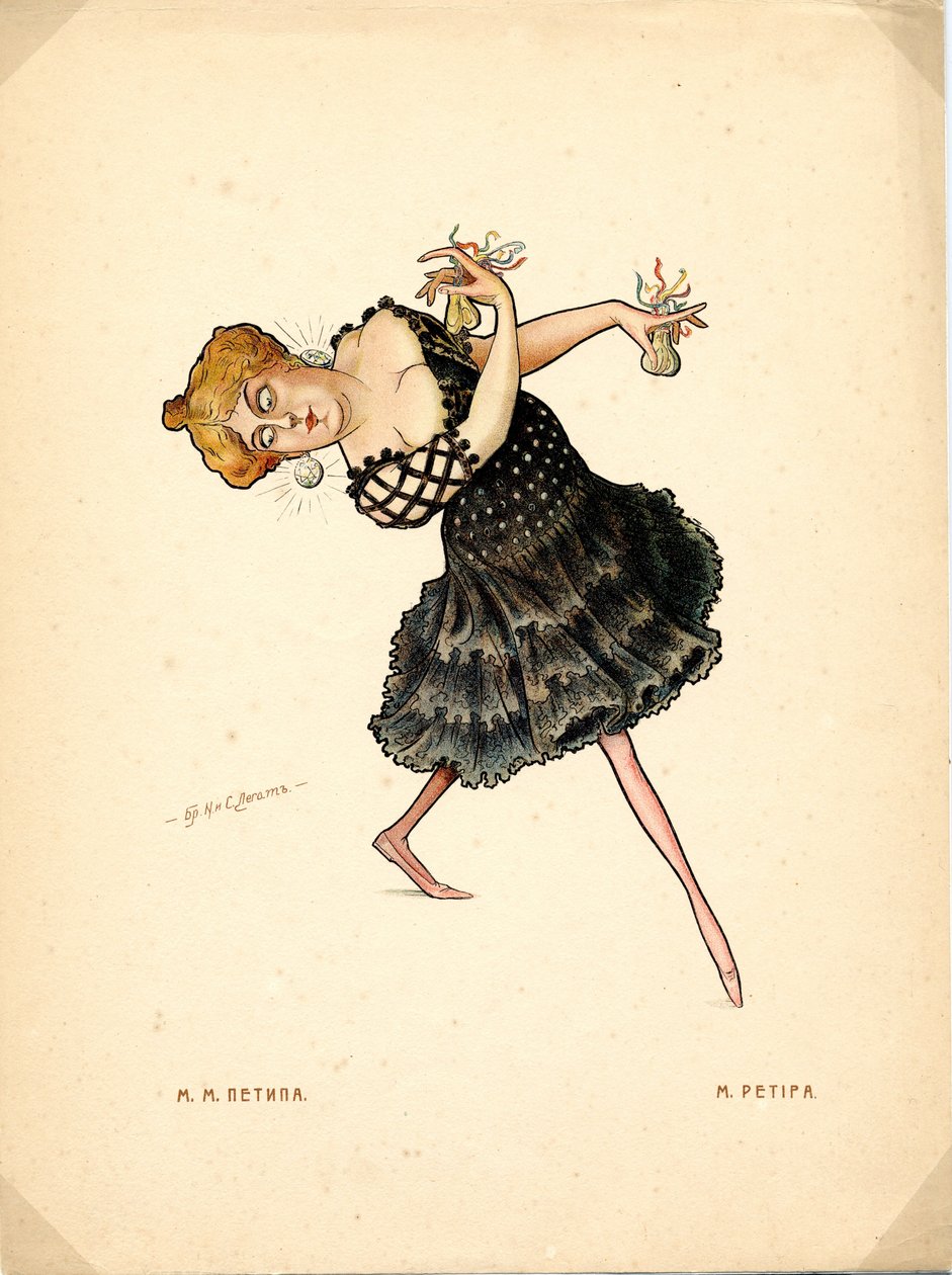 Portrét Marie Petipy (1857-1930) Ruská balerína - Litografie Nikolaje Gustavoviče Legata (1869-1937), extrahovaná z Ballet russe en caricatures od Nicolas Legat