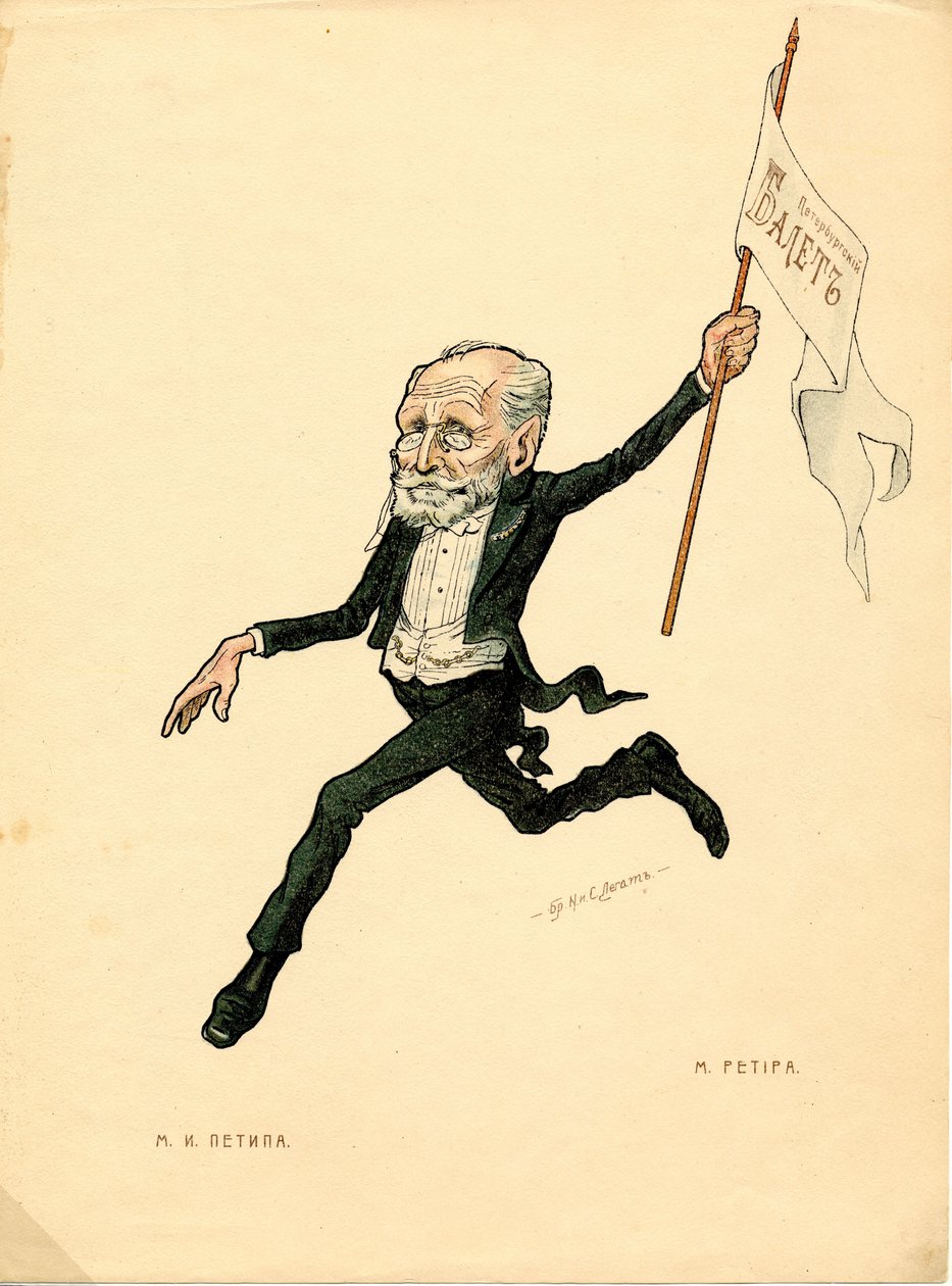 Portrét Mariuse Petipy (1818-1910) francouzský tanečník a choreograf - Litografie Nikolaje Gustavoviče Legata (1869-1937), vytažená z Ballet russe en caricatures od Nicolas Legat
