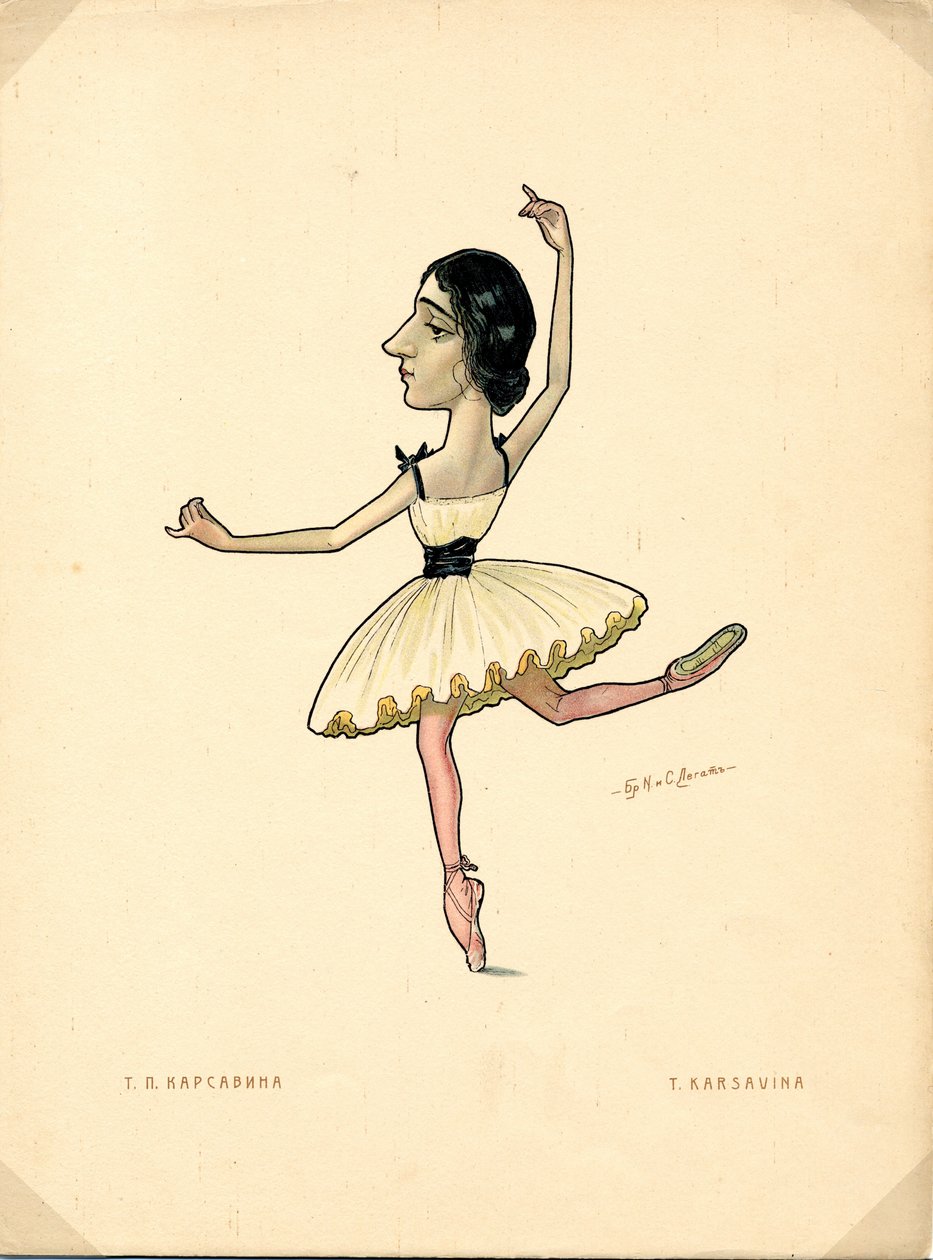 Portrét Tamary Karsavinové (1885-1978) Ruská balerína - Litografie Nikolaje Gustavoviče Legata (1869-1937), extrahovaná z Ballet russe en caricatures od Nicolas Legat