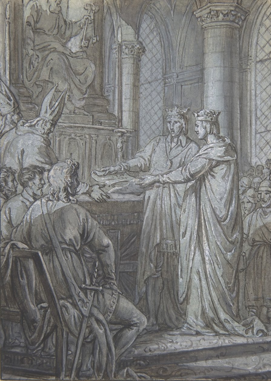 Ludvík III. a Carloman dávají biskupům Království ujištění o jejich věrnosti v roce 882, ca. 1791. od Nicolas Lejeune