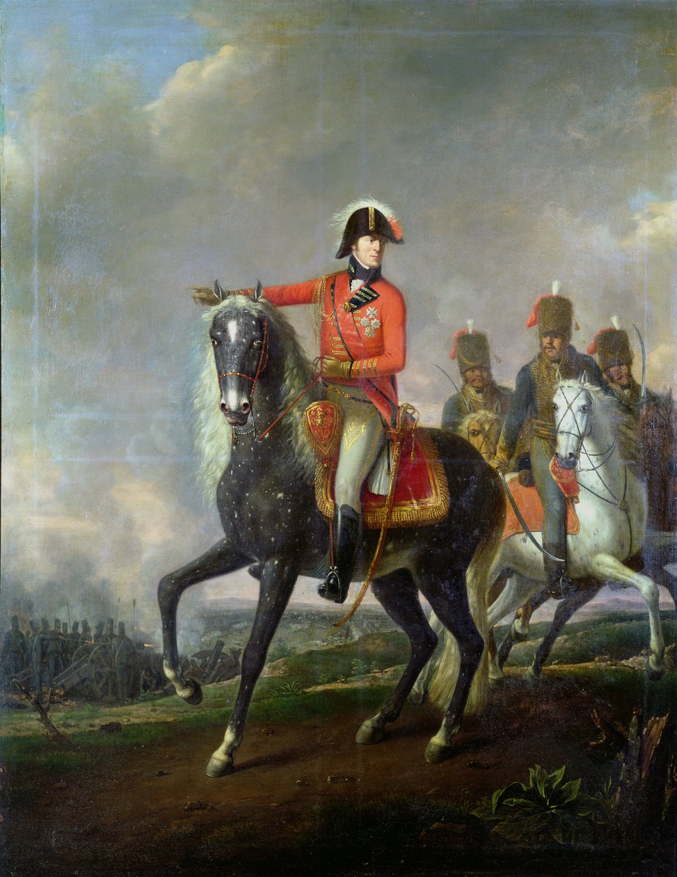 Jezdecký portrét vévody z Wellingtonu s britskými husary na bitevním poli, 1814 od Nicolas Louis Albert Delerive