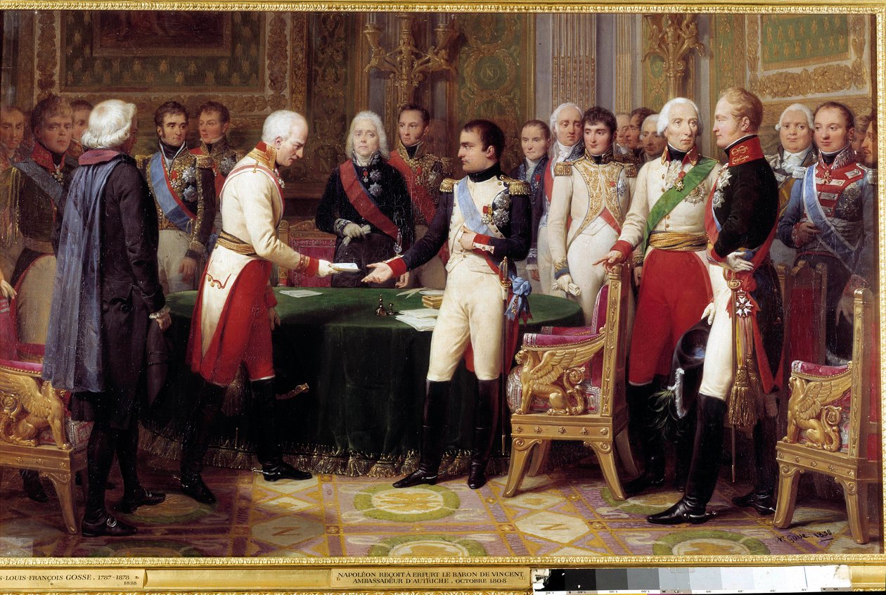 Rozhovor v Erfurtu, 27. září - 14. října 1808: Napoleon I. přijímá barona Vincenta, rakouského diplomata a vyslaného od rakouského císaře. Uprostřed mezi dvěma postavami vidíme Charlese Maurice z Talleyrand Perigord (1754-1838). Bolest od Nicolas Louis Francois Gosse