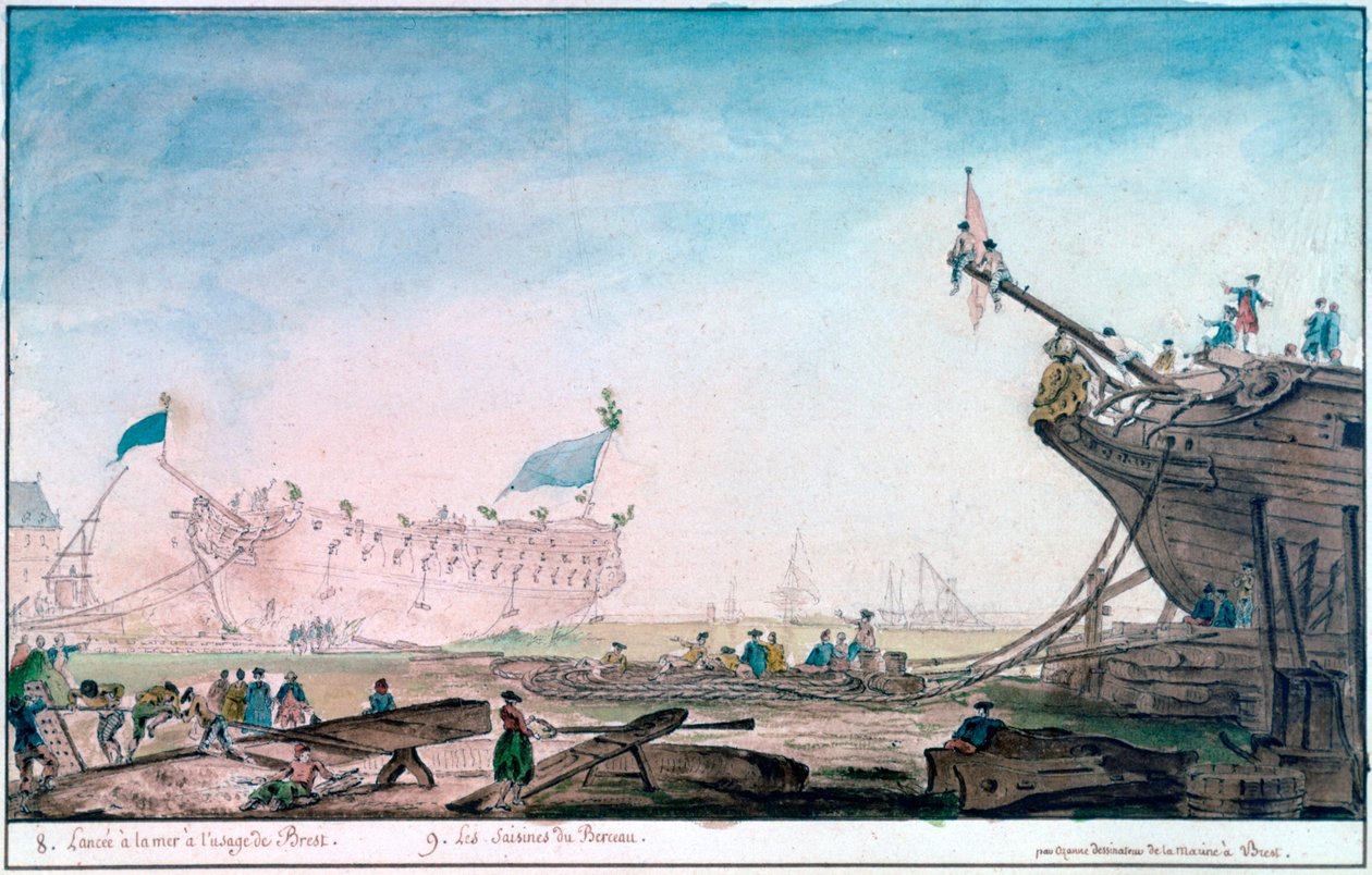Spuštění lodi v Brestu, c1750-1810 od Nicolas Marie Ozanne