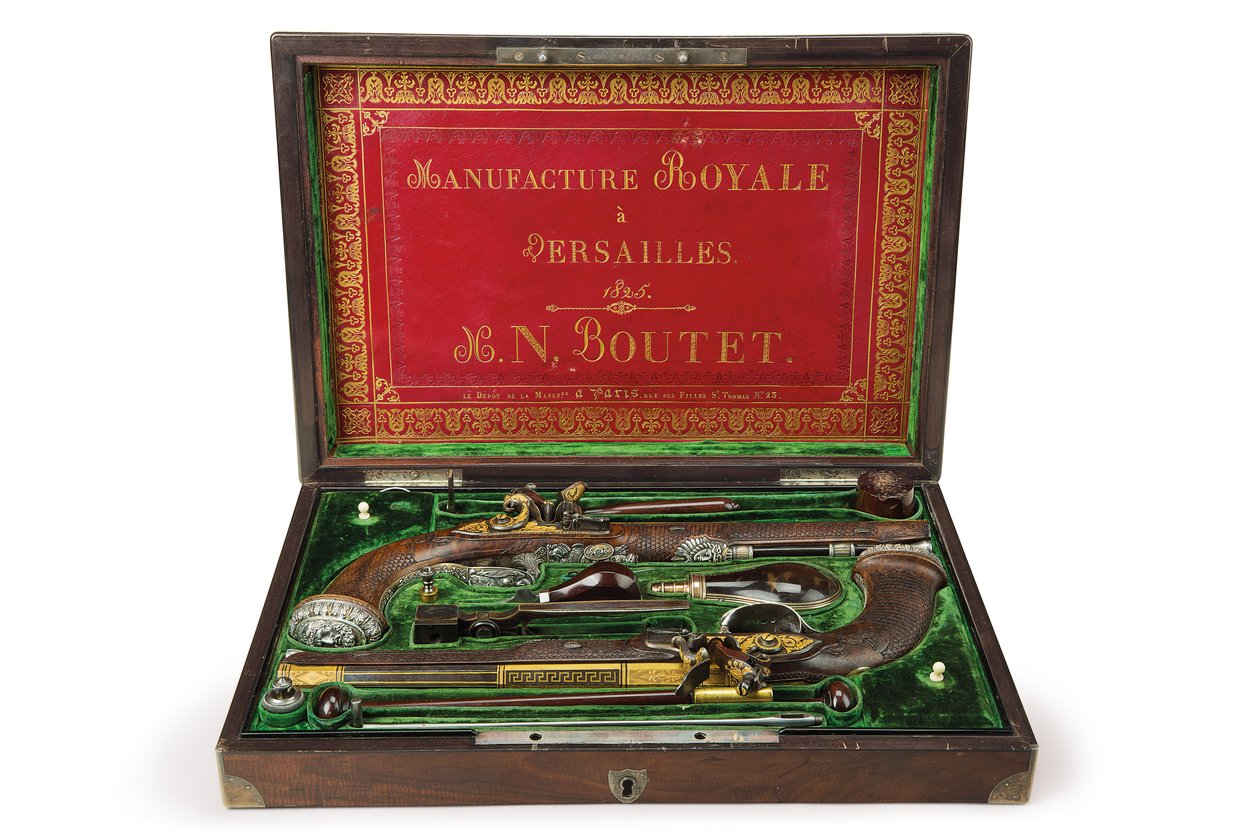 Pár stříbrných kulových pistolí s křesadlovým zámkem, Versailles, 1825 od Nicolas Noel Boutet