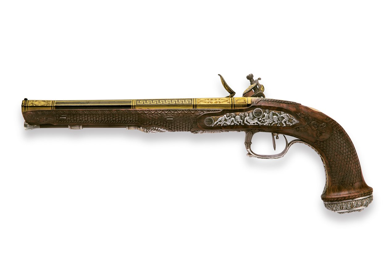 Jedna z dvojice stříbrných kulových pistolí s křesadlovým zámkem, Versailles od Nicolas Noel Boutet