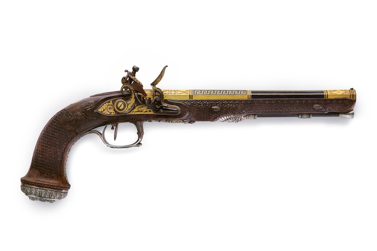 Jedna z dvojice stříbrných kulových pistolí s křesadlovým zámkem, Versailles, 1825 od Nicolas Noel Boutet