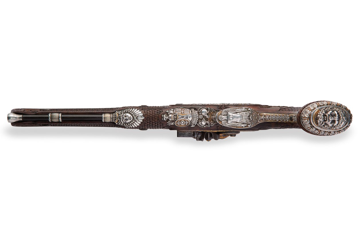 Jedna z dvojice stříbrných kulových pistolí s křesadlovým zámkem, Versailles, 1825 od Nicolas Noel Boutet