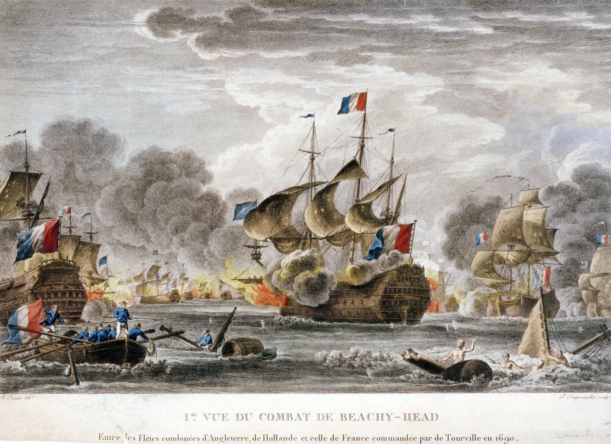 Válka Augsburské ligy: "Pohled na bitvu u mysu Beveziers nebo Beachy Head mezi francouzským a anglo-holandským loďstvem dne 10. 7. 1690" Kresba Nicolase Ozanna (1728-1811) od Nicolas Ozanne
