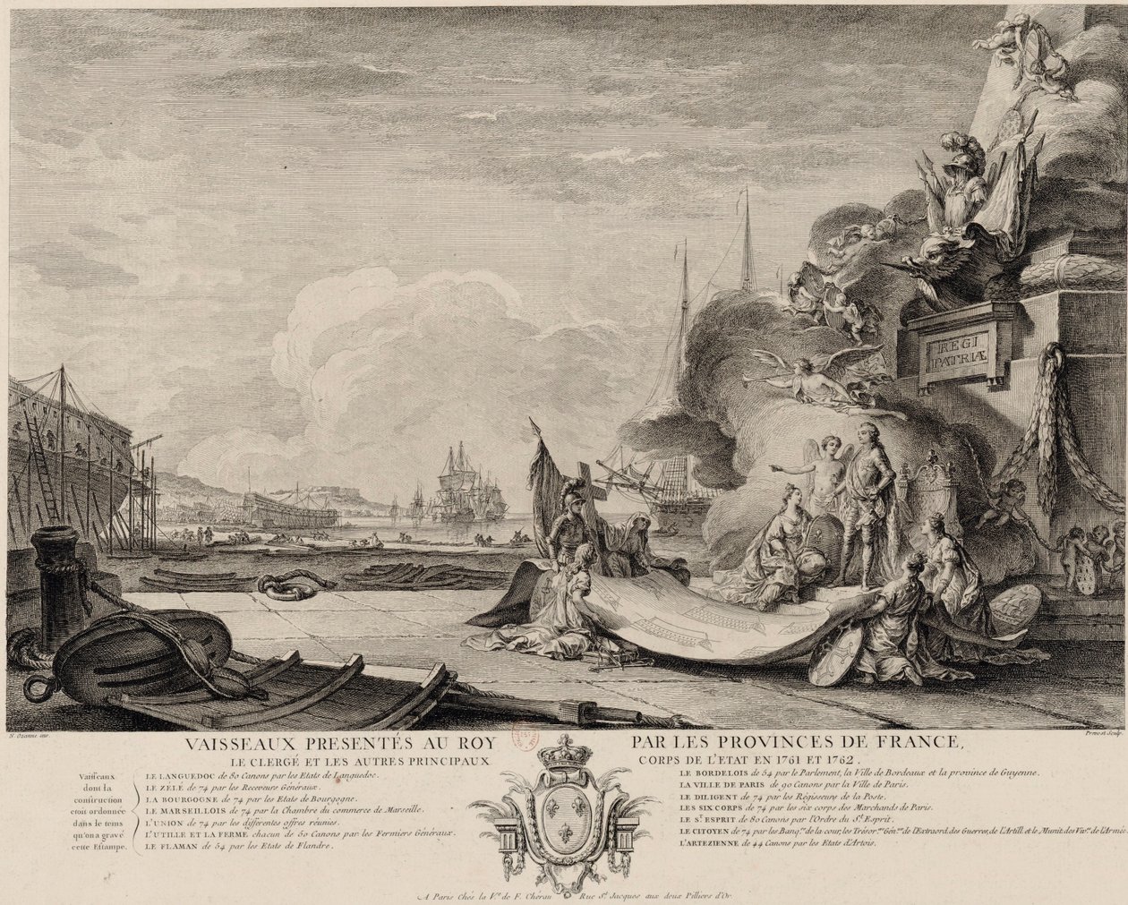 Alegorická rytina daru lodí kolem roku 1762 od Nicolas Ozanne