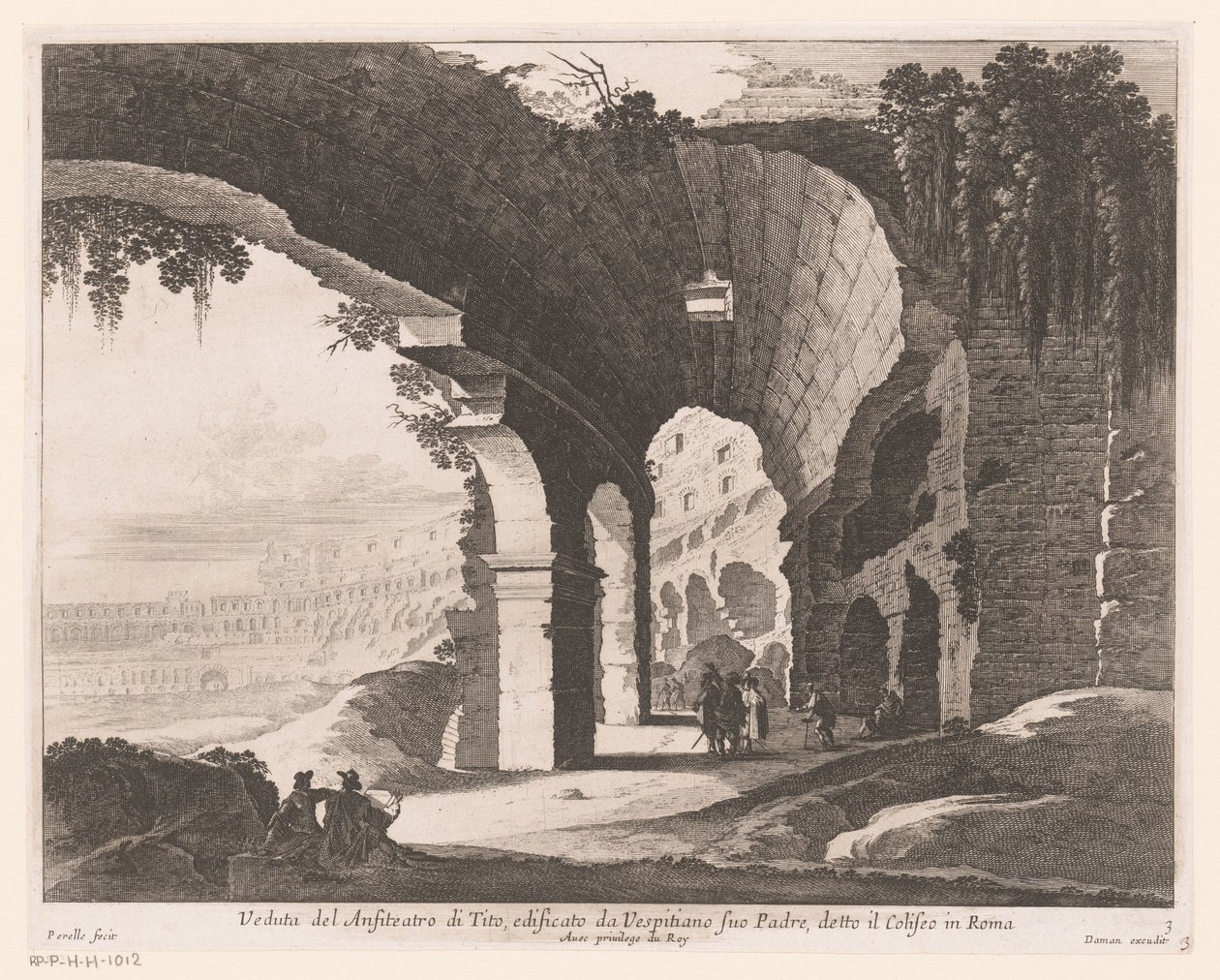 Pohled do interiéru Kolosea Veduta del Anfiteatro di Tito, edificato da Vespitiano (...) (název na objektu) od Nicolas Perelle