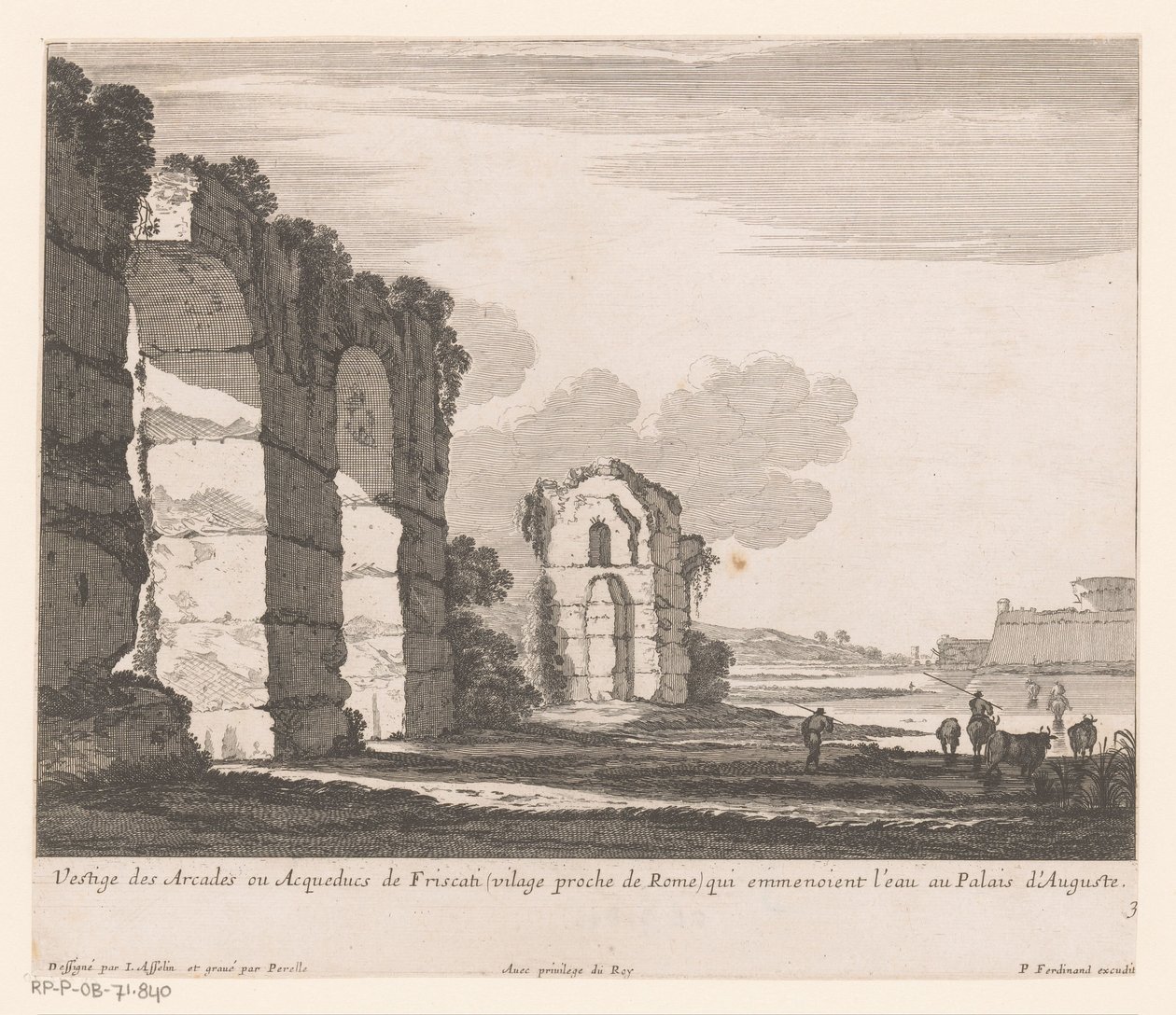 Krajina s ruinami a pastevci krav Vestige des Arcades ou Aqueducs de Friscati (...) (název na objektu) od Nicolas Perelle
