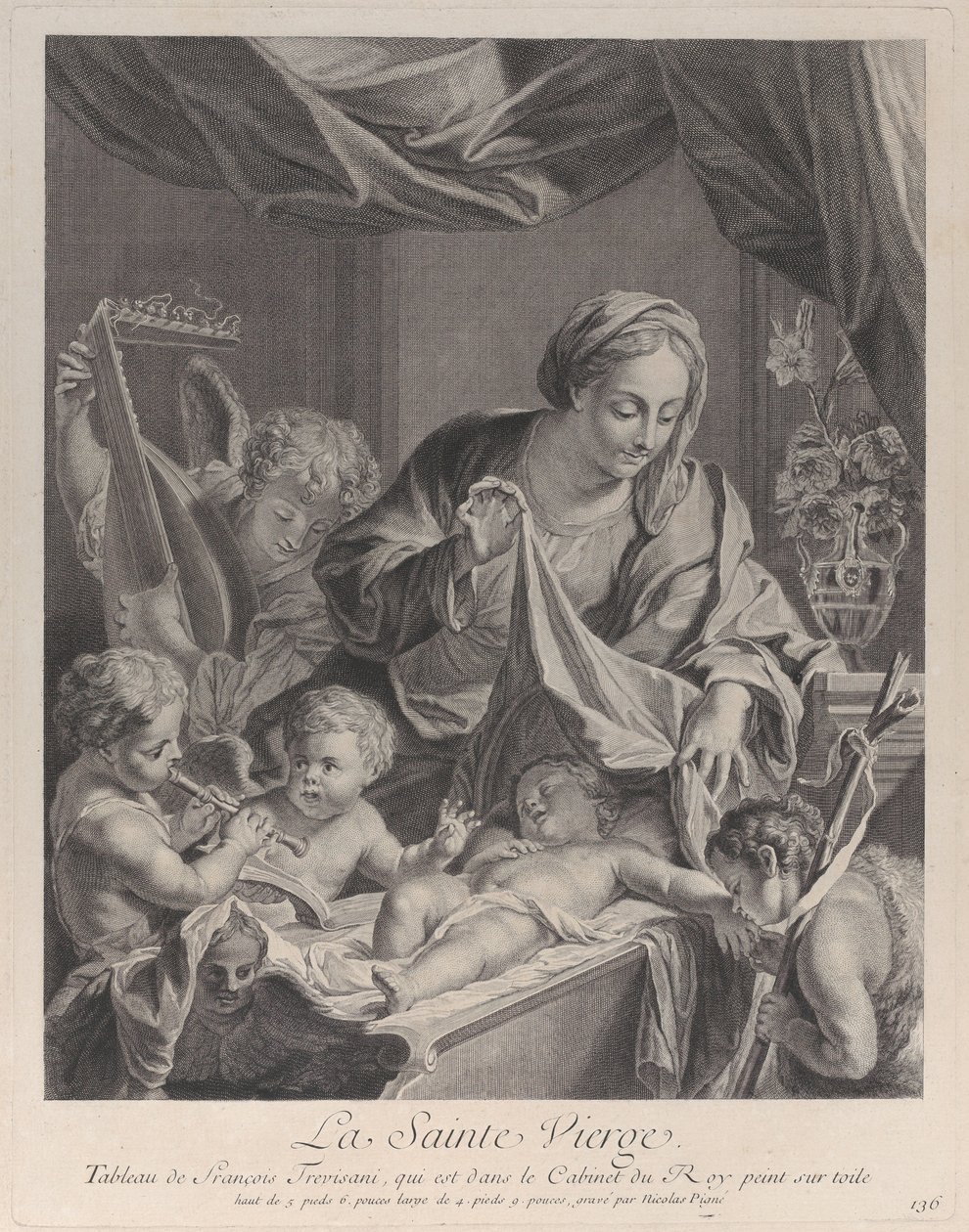 Panna držící plátno nad spícím Kristovým dítětem, s hudebními anděly a..., ca. 1729. od Nicolas Pigne